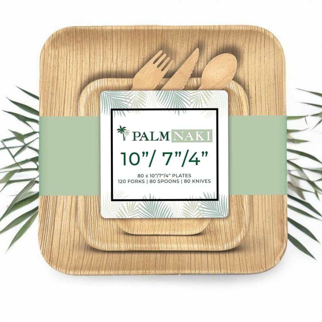 Palm Naki - Palm Leaf Disposable Plates and Matching Cutlery Value Bundle � 240 Square Plates, 10�, 7�, 4� Sets of 80 Each - with Birchwood Cutlery 120 Forks, 80 Spoons, 80 Knives - Like New