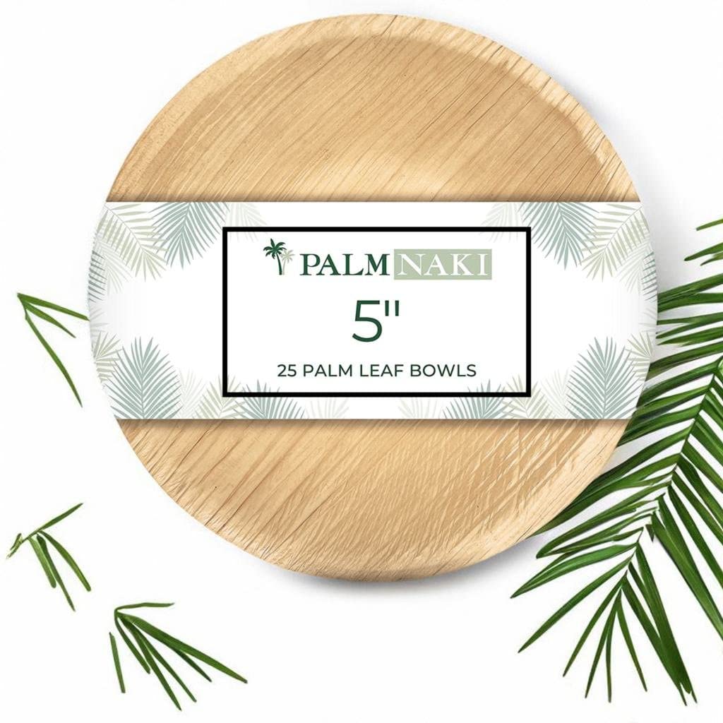 PALM NAKI Round Palm Leaf Bowls 5 Inch (25 Count) - Disposable Dinnerware, Compostable and Biodegradable Bowls (5" Bowls) - Like New