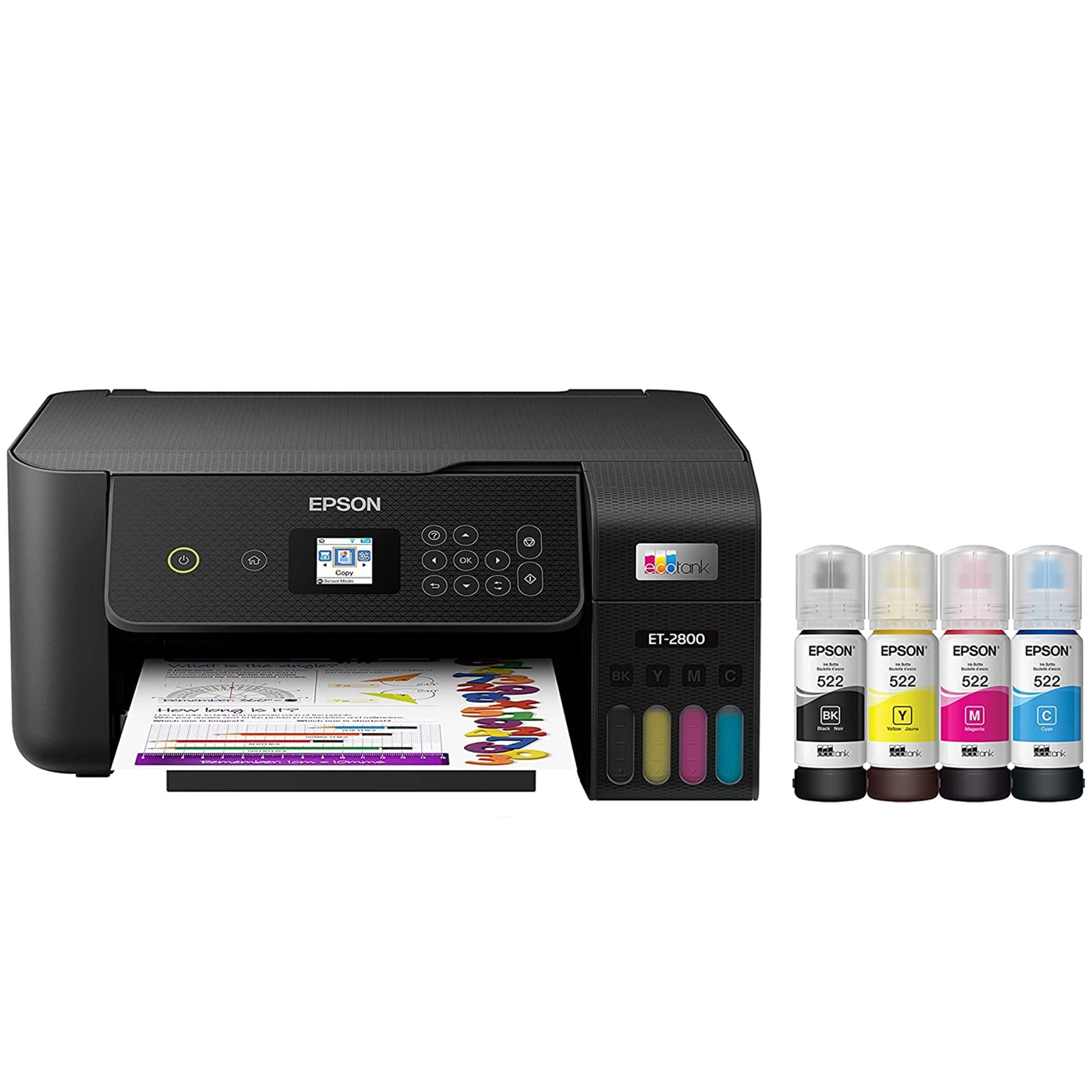Epson EcoTank ET-2800 Wireless Color All-in-One Inkjet Printer, Print & Copy & Scan, 1200x2400 dpi, 1.44" Color LCD Display, Cartridge-Free, Photo Printing, Bundle with Printer Cable - Like New
