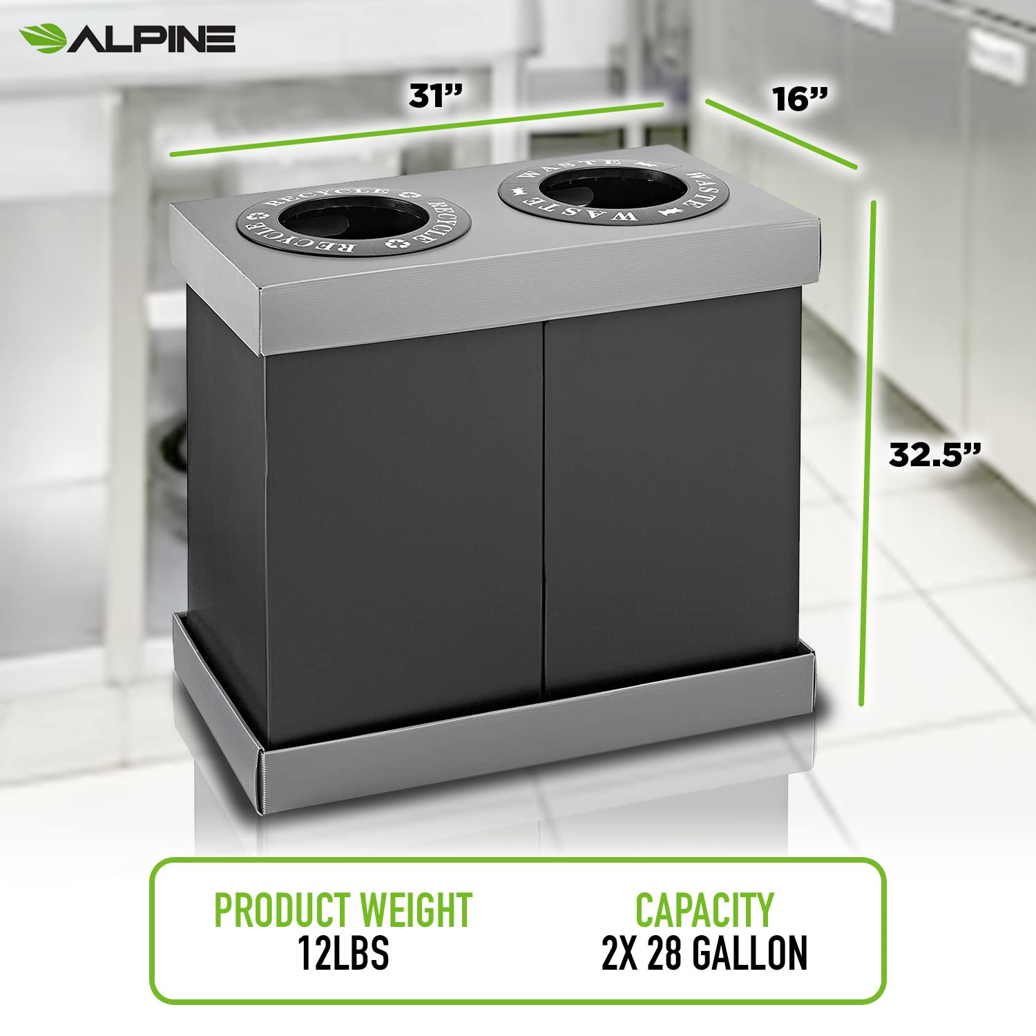 Alpine Double Recycling Center - Plastic/Cardboard Recycle Trash Bin - Two 28 Gallon Bins - Ideal for Offices, Restaurants, Hospitals, Schools, Cafeterias - 56 Gallons Total Capacity (2 Bins) - Acceptable