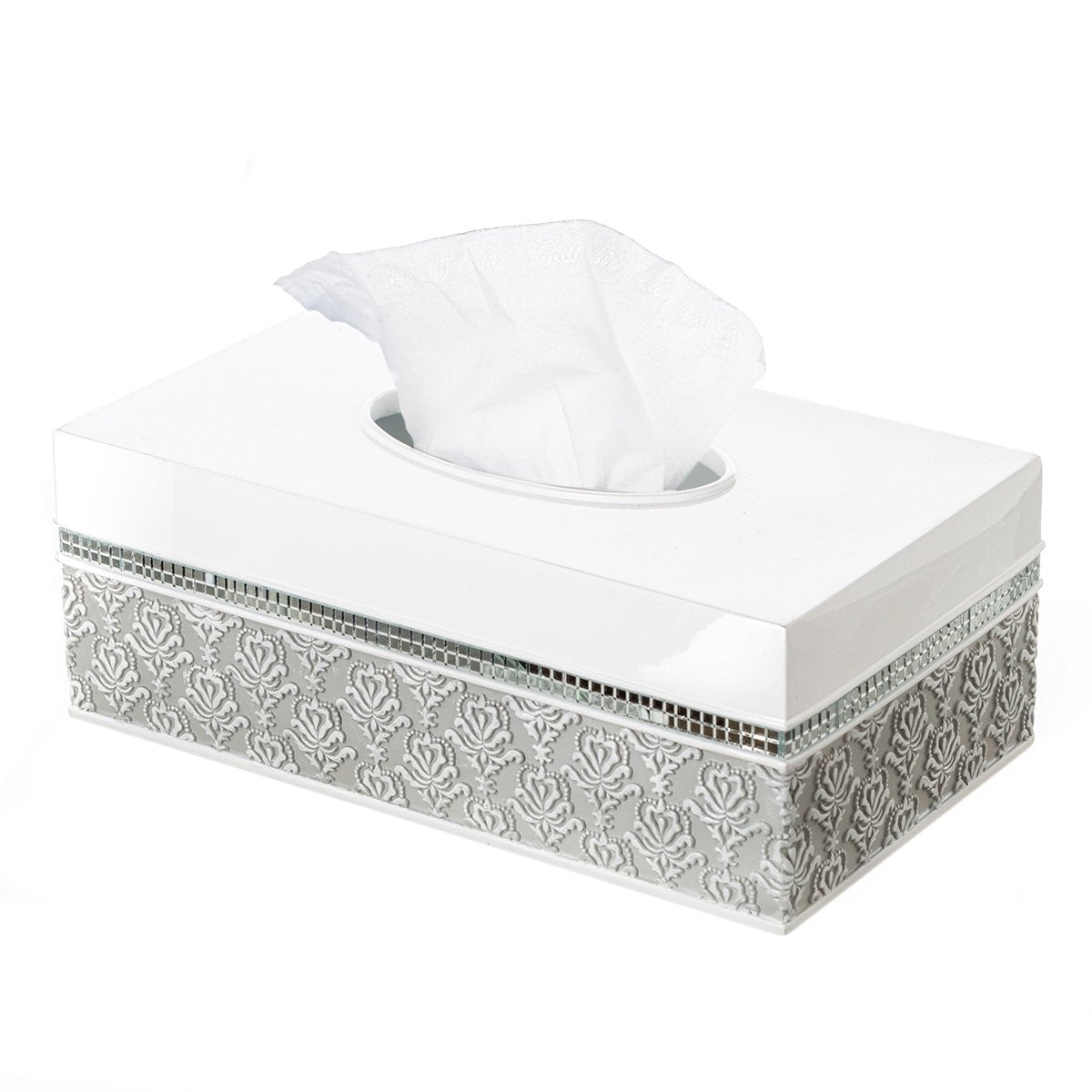 Creative Scents Mirror Damask Rectangle Tissue Box Cover, with Decorative Bathroom Tissues Paper Napkin Holder, Bottom Slider (Gray & White) - Like New