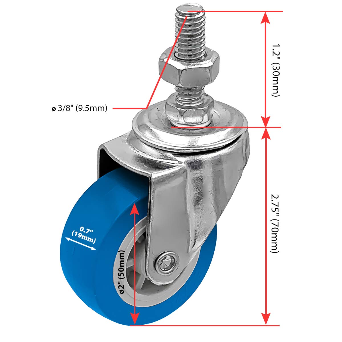 FactorDuty BLUE Caster Wheel 3/8"-1.2" Threaded Stem Mount Caster Wheel Polyurethane Wheels Premium Non Marking No Noise Wheel (4 Pack) - Like New