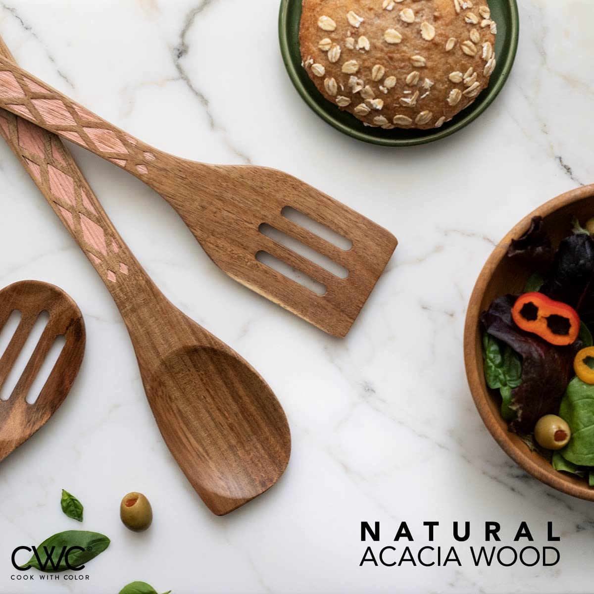 Country Kitchen 5 Piece Nonstick Utensil Set Acacia Wooden Kitchen Tools for Serving and Healthy Cooking with Inlay Design - Like New