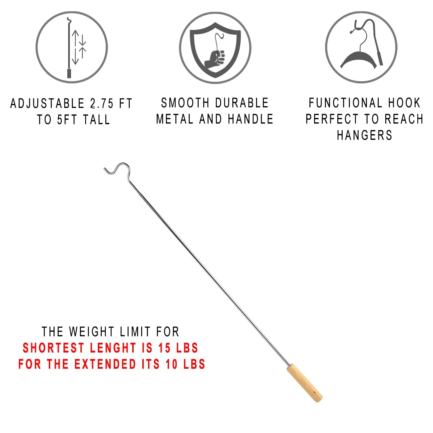 Closet Reacher Pole with Hook and Wooden Handle, Heavy Duty - Adjustable 2.75-5 Feet, Chrome Plated Steel Clothing Hanger Shepherds Hook to Easily Reach Clothes etc - Perfect for College Dorm  - Very Good