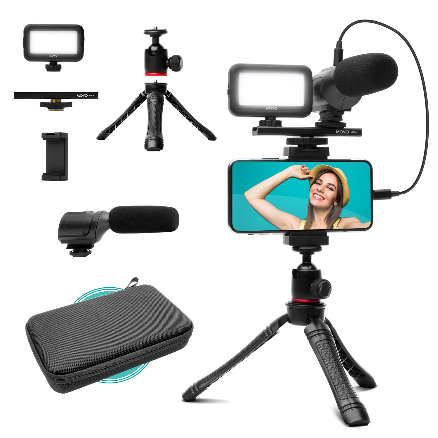Movo uVlogger- Android/USB-C Compatible Vlogging Kit Phone Video Kit Accessories: Phone Tripod, Phone Mount, LED Light and Cellphone Shotgun Microphone for Phone Video Recording for YouTube, Vlog - Like New
