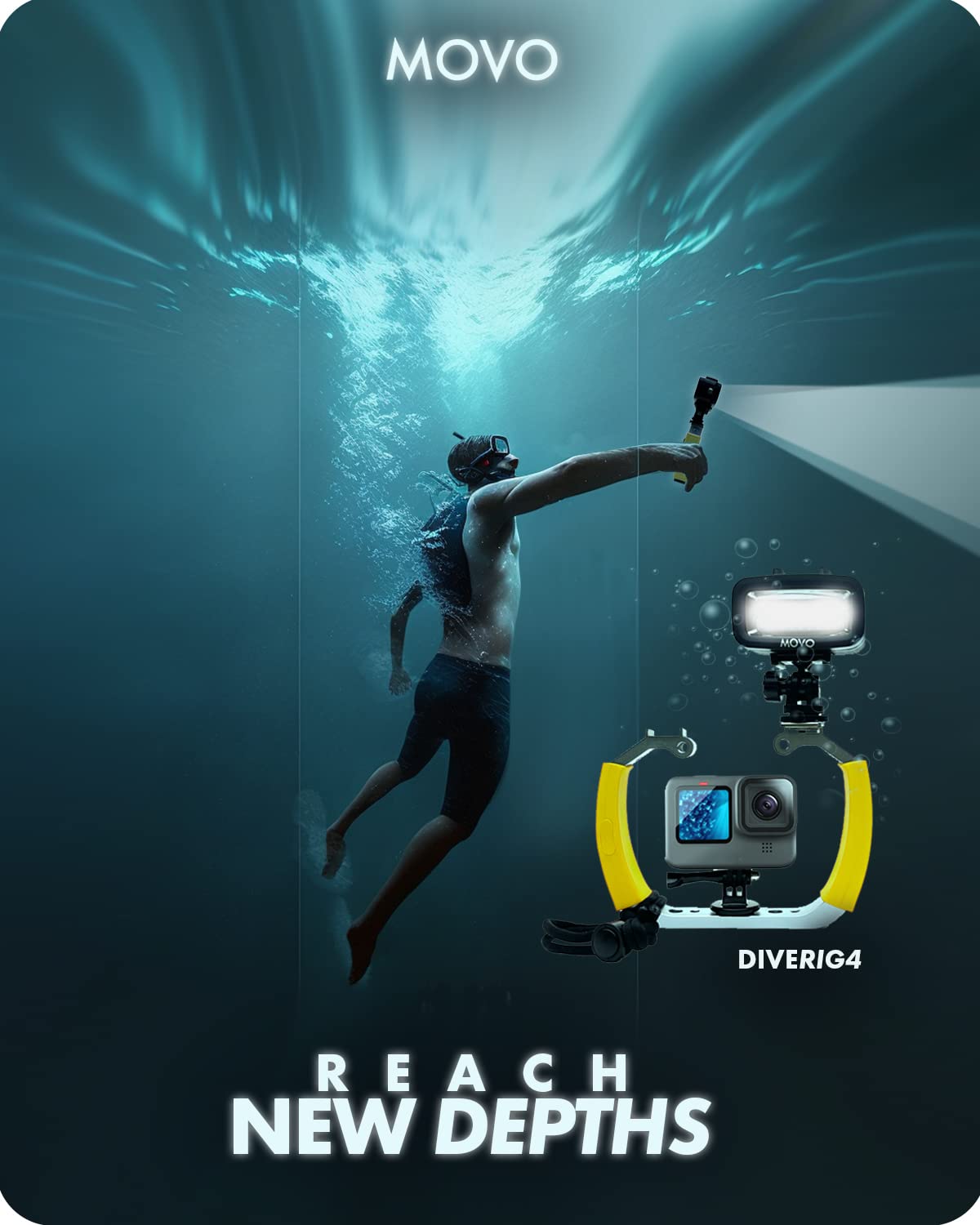 Movo DiveRig4 Diving Rig Bundle with Waterproof LED Light - Compatible with GoPro HERO3, HERO4, HERO5, HERO6, HERO7, HERO8, and DJI Osmo Action Cam - Scuba Accessories for Underwater Camera - Acceptable