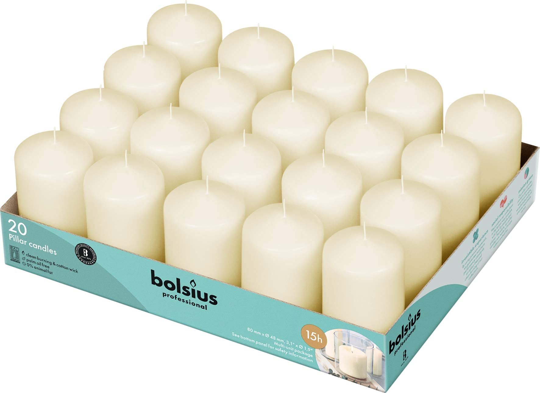 BOLSIUS Set of 20 Ivory Pillar Candles - Unscented Candle Set - Dripless Clean Burning Smokeless Dinner Candle - Perfect for Wedding Candles, Parties and Special Occasions - Like New