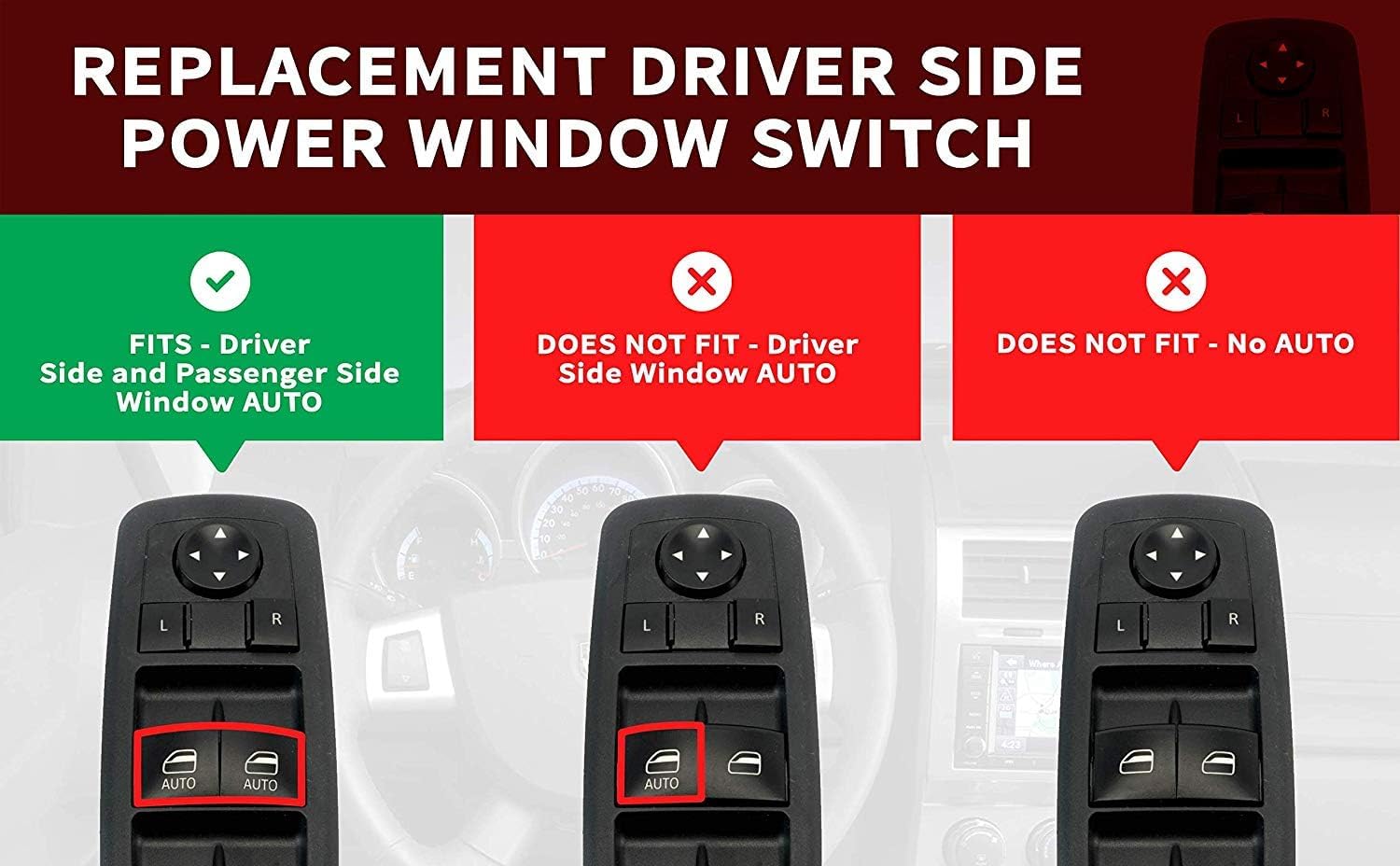 Driver Side Master Power Window Switch, Double Auto Button ONLY - Compatible with Chrysler, Dodge & Jeep, Ram, Grand Caravan, Journey, Liberty - Replaces 4602863AD, 4602870AD, 901-473, 4602863AB - Very Good