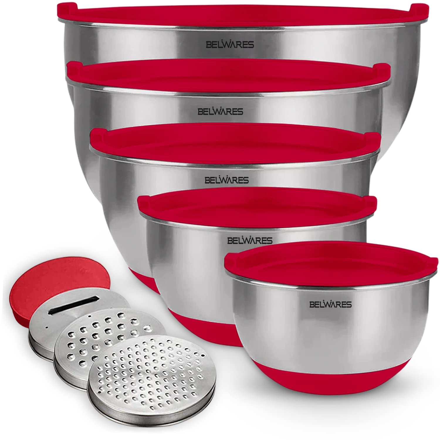 Belwares Mixing Bowls with Lids Set - Nesting Bowls with Airtight Lids + Graters - Stainless Steel Non-Slip Mixing Bowl for Baking, Food Storage and Prepping (Red, 5-Piece Set) - Like New