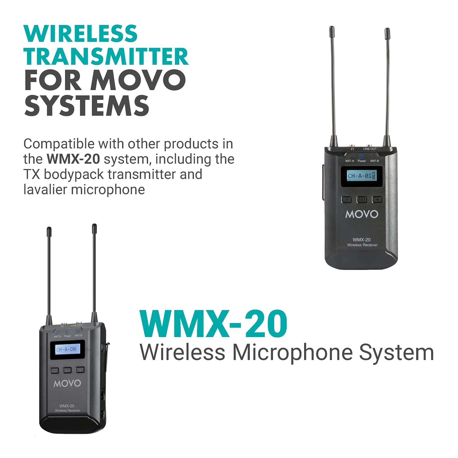Movo WMX-20-RX Receiver for Wireless Lavalier Microphone System - For WMX-20 UHF Wireless Microphone System - Pairs w/ 2x Lapel Microphone Wireless Transmitters - Headphone Monitoring for Wireless Mic - Like New