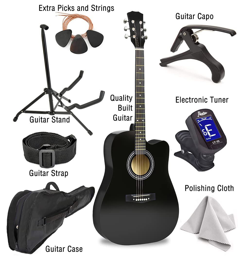 Master-play Beginner Full Size 41” Wood Cutaway All String Acoustic Guitar, With Bonus Accessories Kit; Case, Strap, Capo, Extra Strings, Picks, Tuner, Wash Cloth, Stand - Very Good