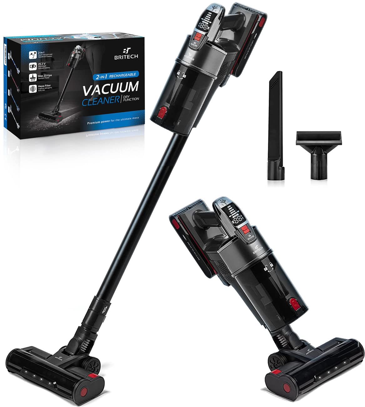 BRITECH Cordless Lightweight Stick Vacuum Cleaner, 500W Motor for Powerful Suction 40min Runtime, LED Display Screen & Headlights, Great for Carpet Cleaner, Hardwood Floor & Pet Hair - Very Good