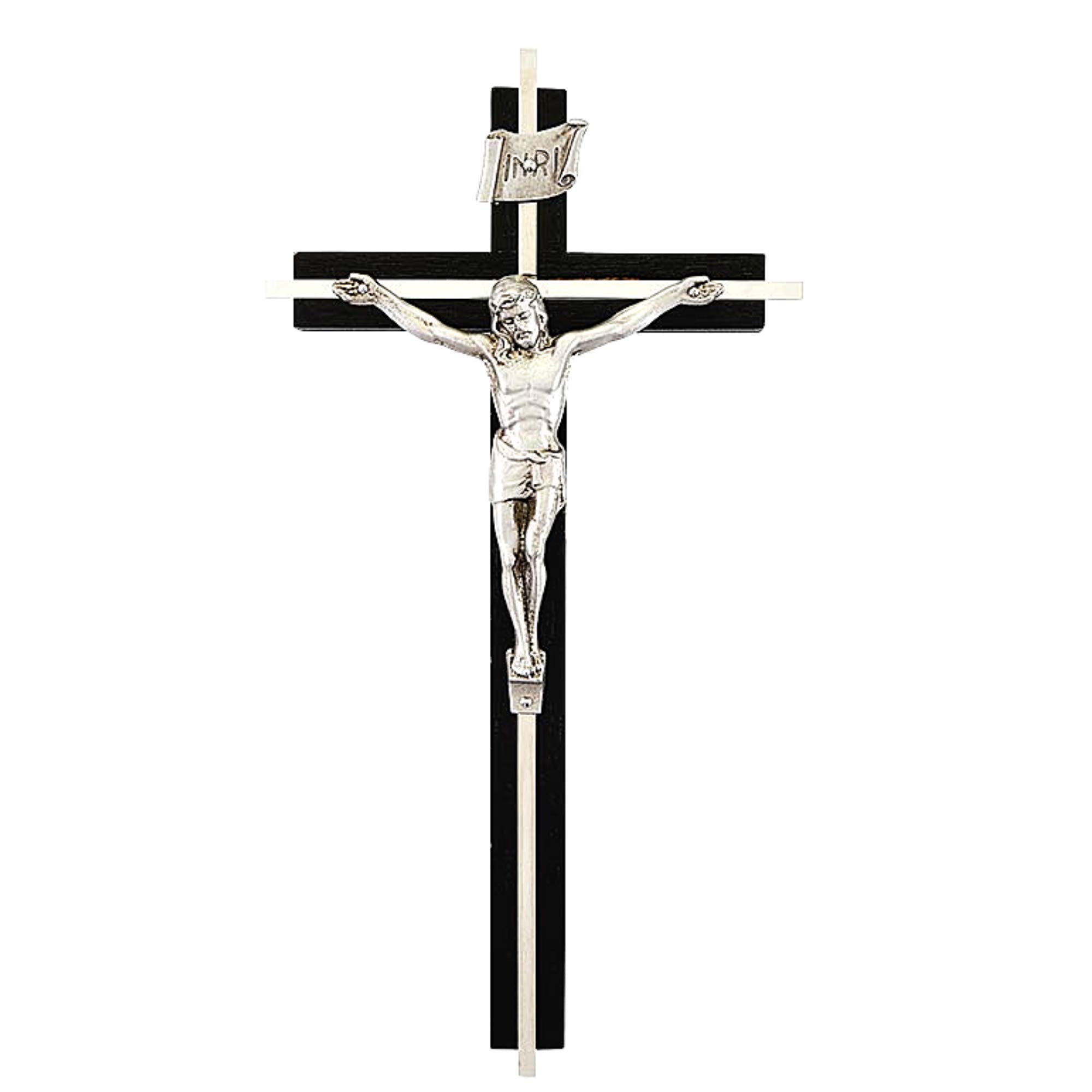 Black Wooden Wall Crucifix with Silver Toned Inlay Cross, 10 Inch - Very Good