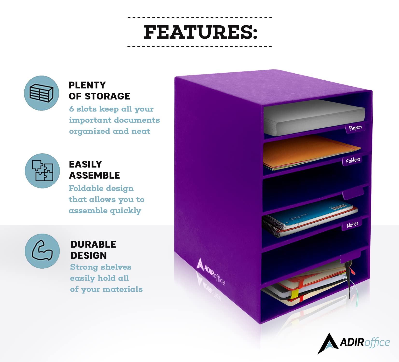 AdirOffice Cardboard Paper Organizer - Classroom Mailbox, Literature Organizers, Office Sorter Mailboxes, Construction Papers Storage with Slots, Compartment Shelf Holder (6 Slot, Purple) - Like New