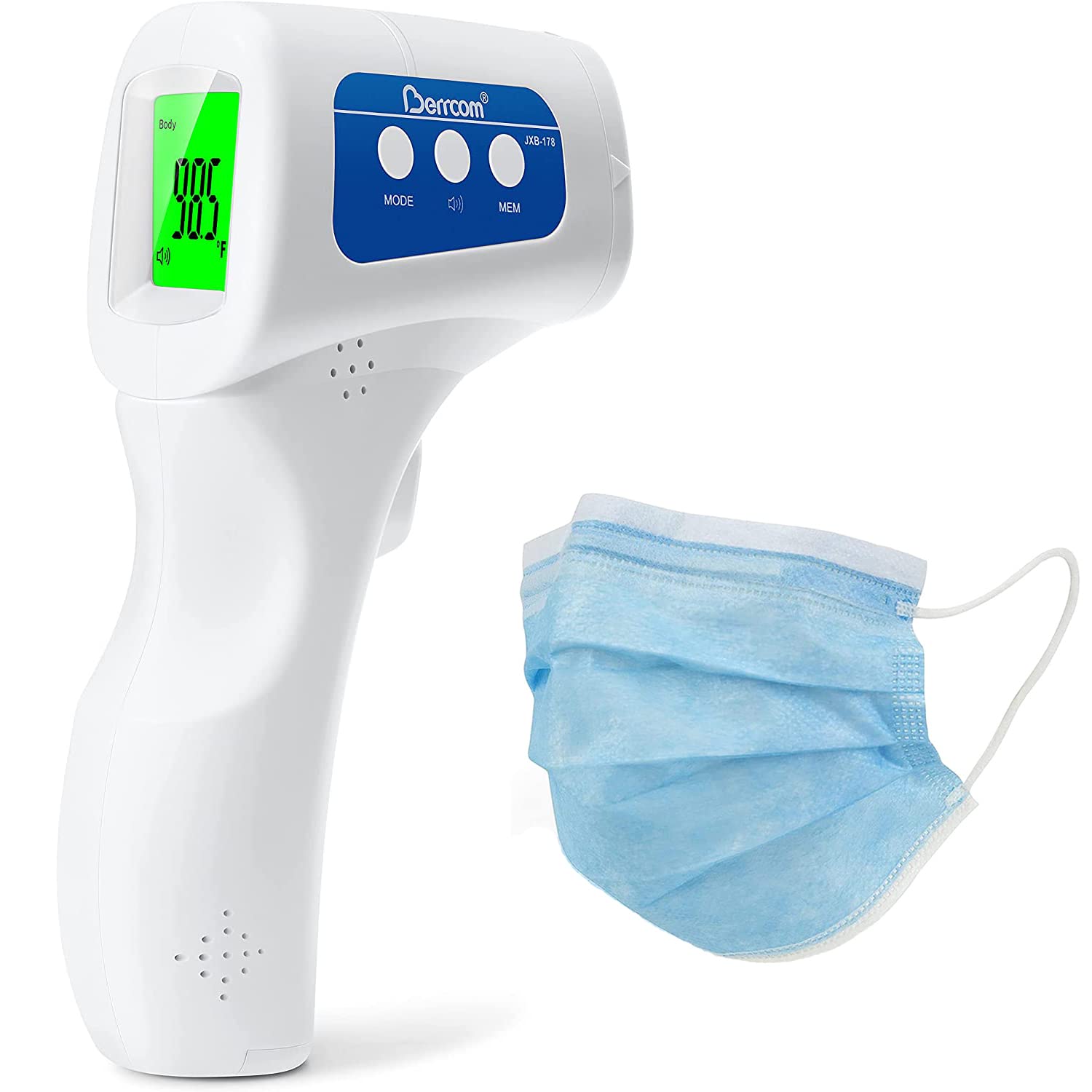 Berrcom Non Contact Infrared Forehead Thermometer for Adults, Kids, Baby - Medical Grade Digital Termometro Fever Check Temperature JXB-178 - Includes 5 Face Masks Bundle (Batteries Not Included) - Like New