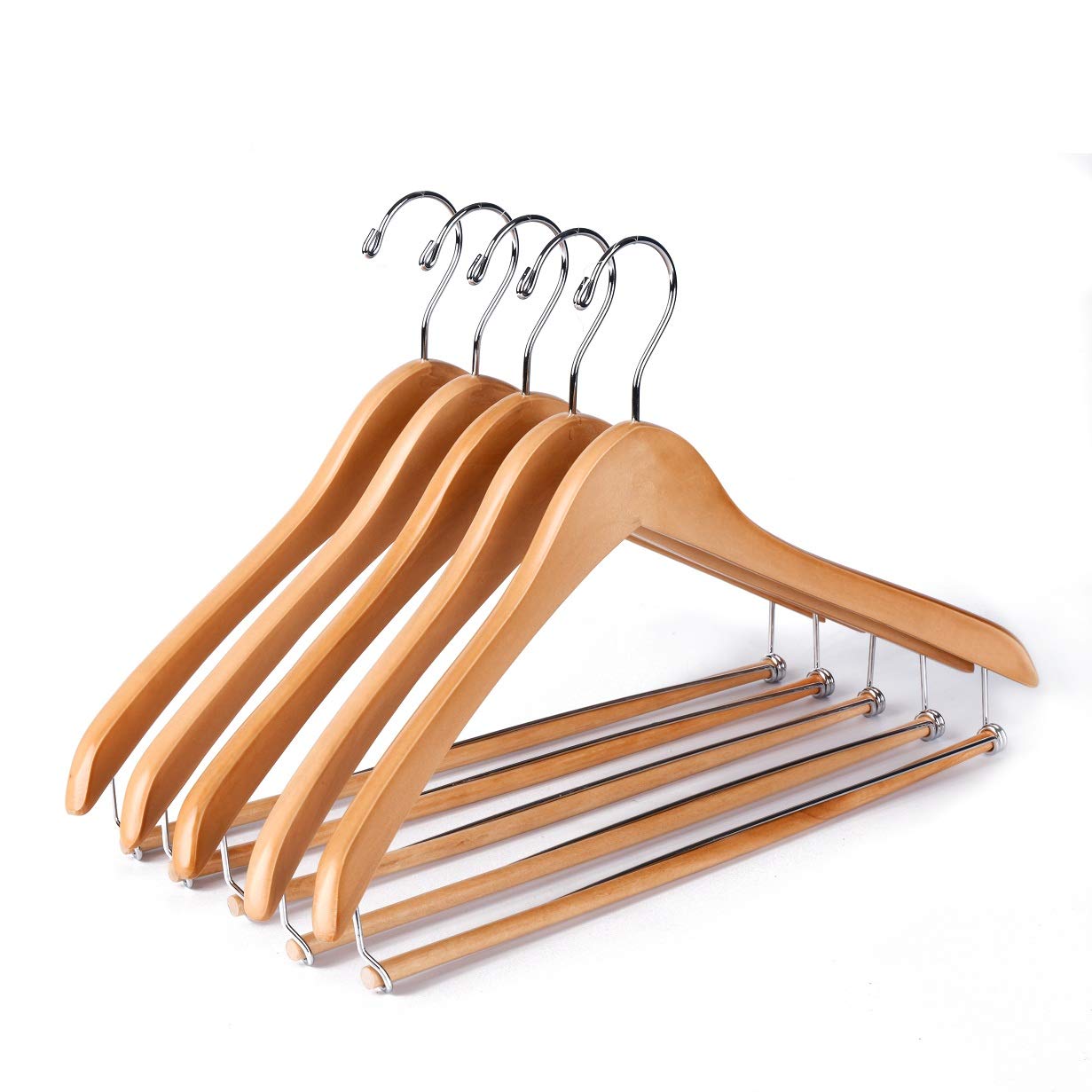 Quality Hangers 100 Pack Wooden Hangers Beautiful Sturdy Suit Coat Hangers with Locking Bar Glossy Natural Wood - Good