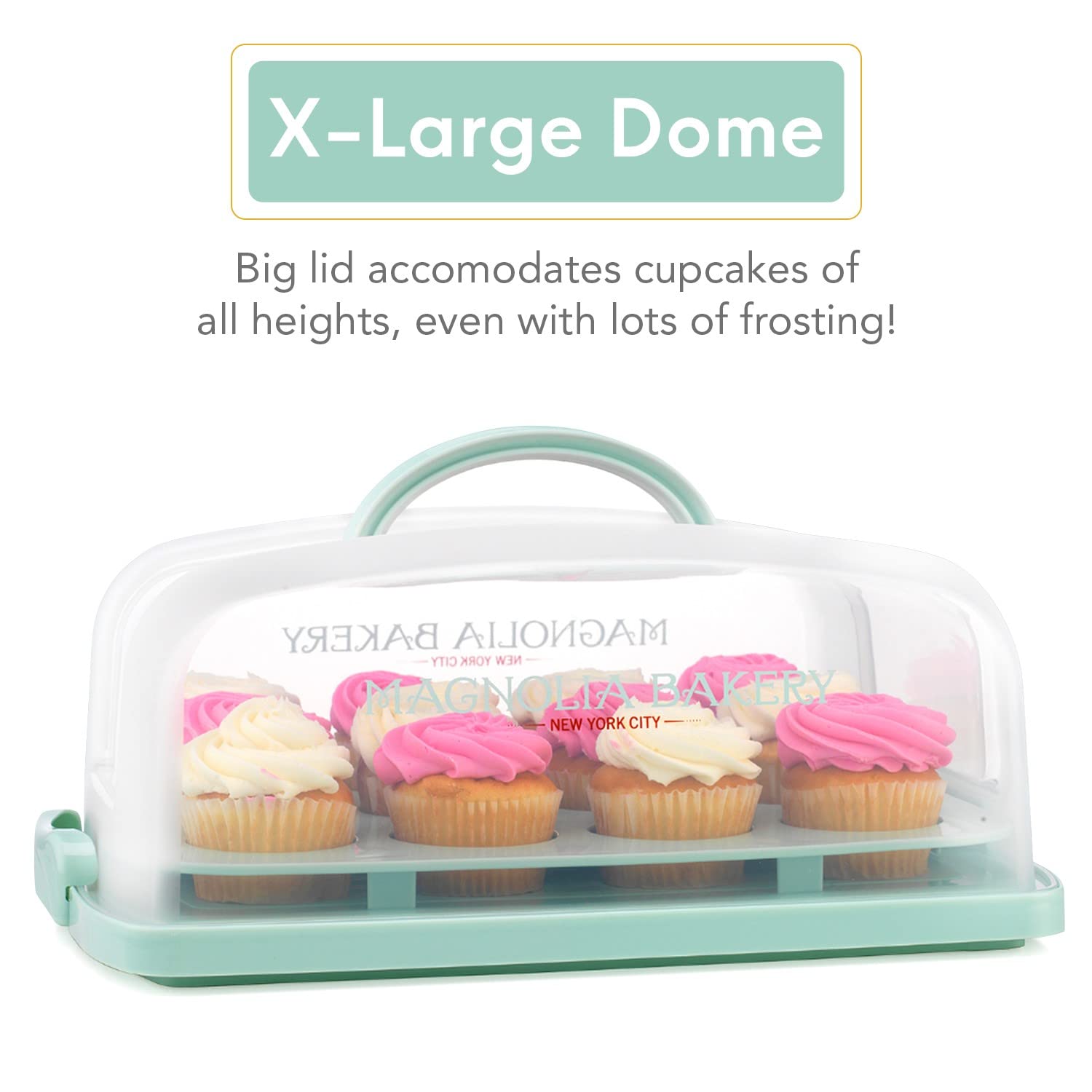 MosJos 2in1 Cupcake Carrier and Cake Keeper with Lid, Cupcake Box to Fit 12, Sturdy, BPA-Free Cupcake Holder with Two Secure Side Closures, Dishwasher Safe - Like New