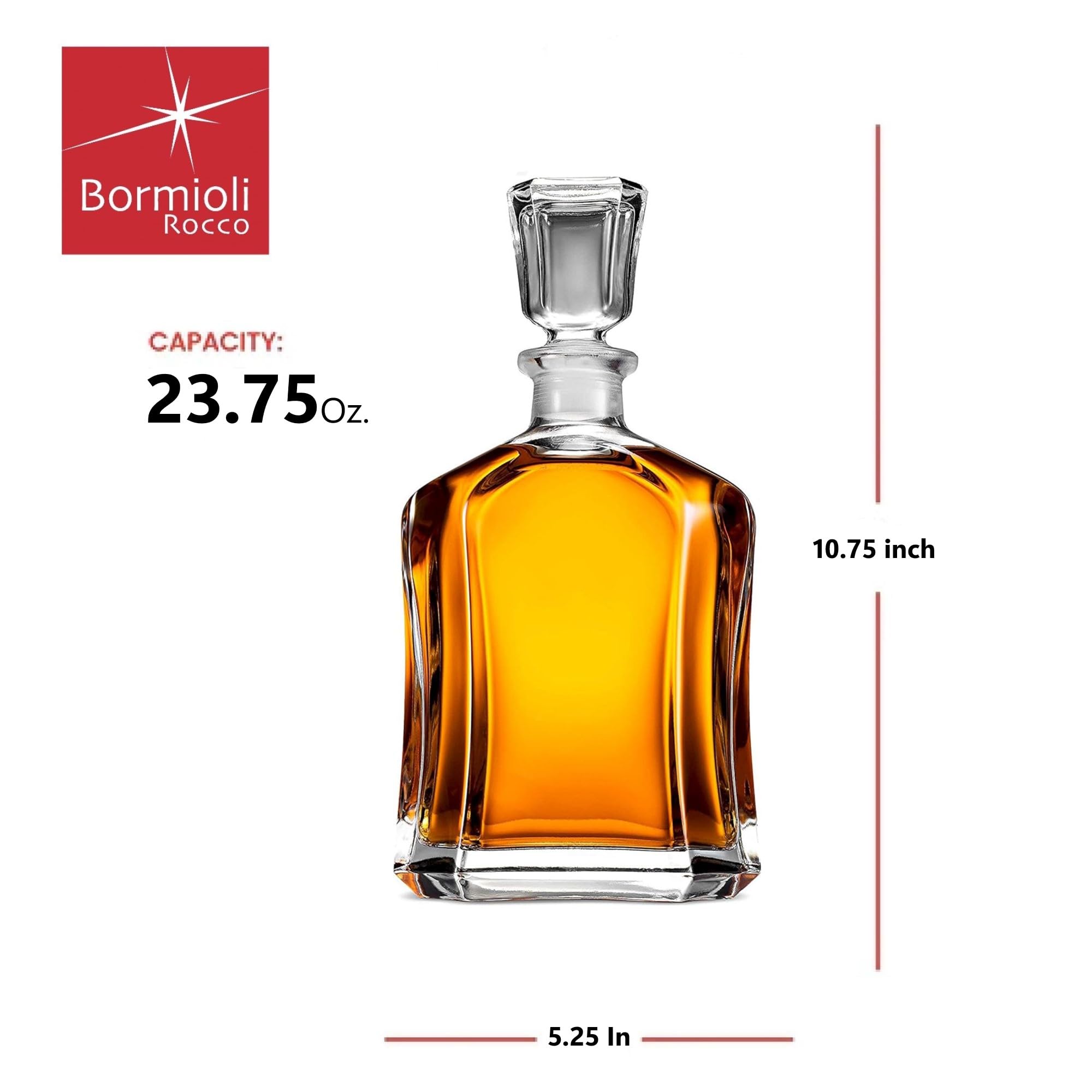 Bormioli Rocco Capitol Glass Decanter, Airtight Geometric Stopper, 23.75 oz Whiskey Decanter for Wine, Bourbon, Brandy, Liquor, Juice, Made in Italy. - Like New