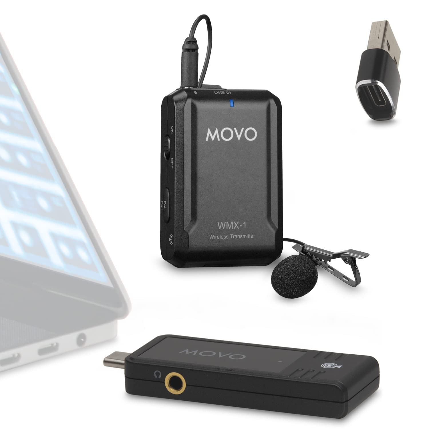 Movo WMX-1-UL USB-C Wireless Lavalier Microphone- USB Wireless Lapel Microphone for Computer, Smartphones, and Tablets- Wireless USB & USB-C Receiver, Transmitter, and Omnidirectional Lav Microphone - Like New