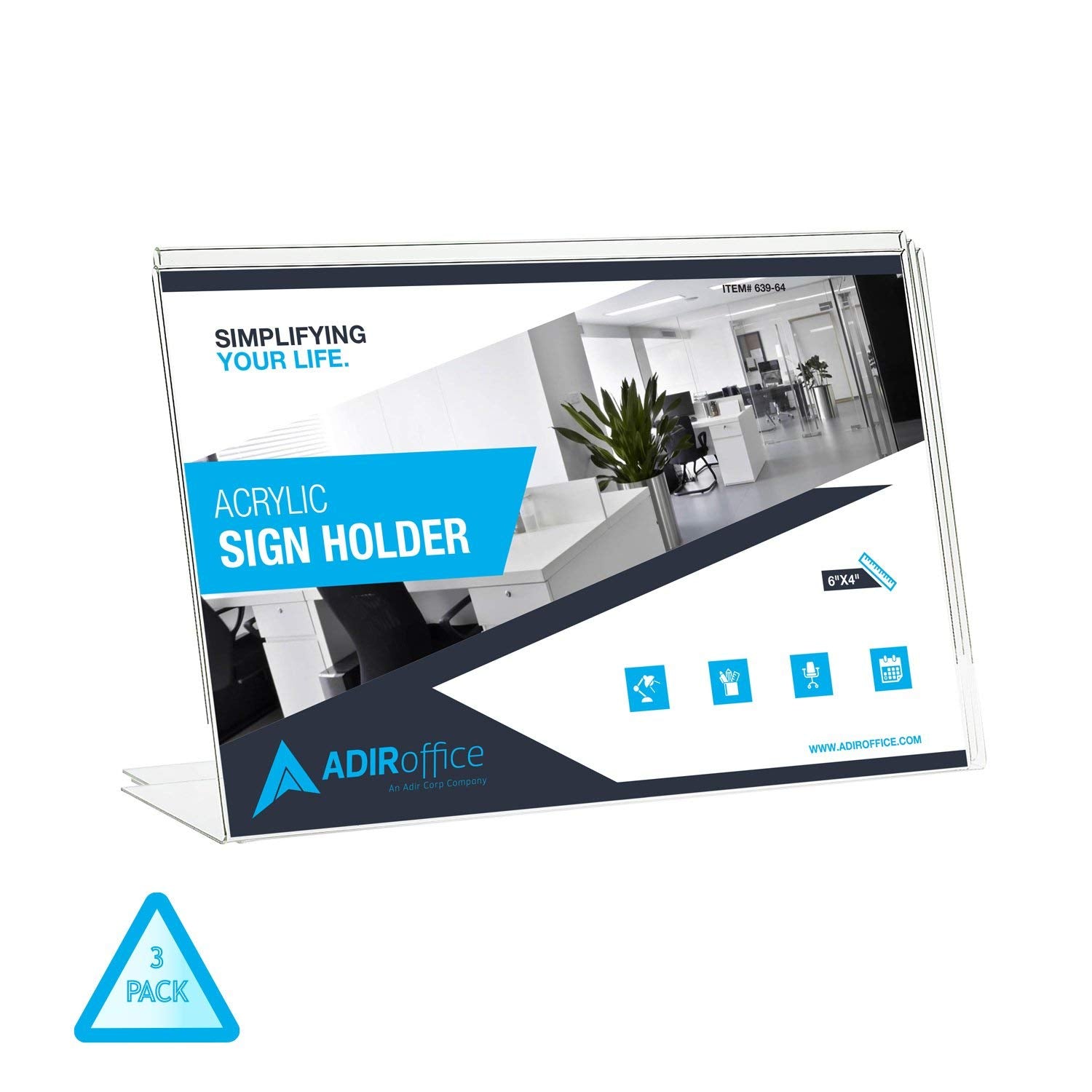Adir Slant-Back Photo-Sign Holder Ad Frame � Side Insert � Clear Acrylic (3 Pack, 6x4 Landscape) - Like New