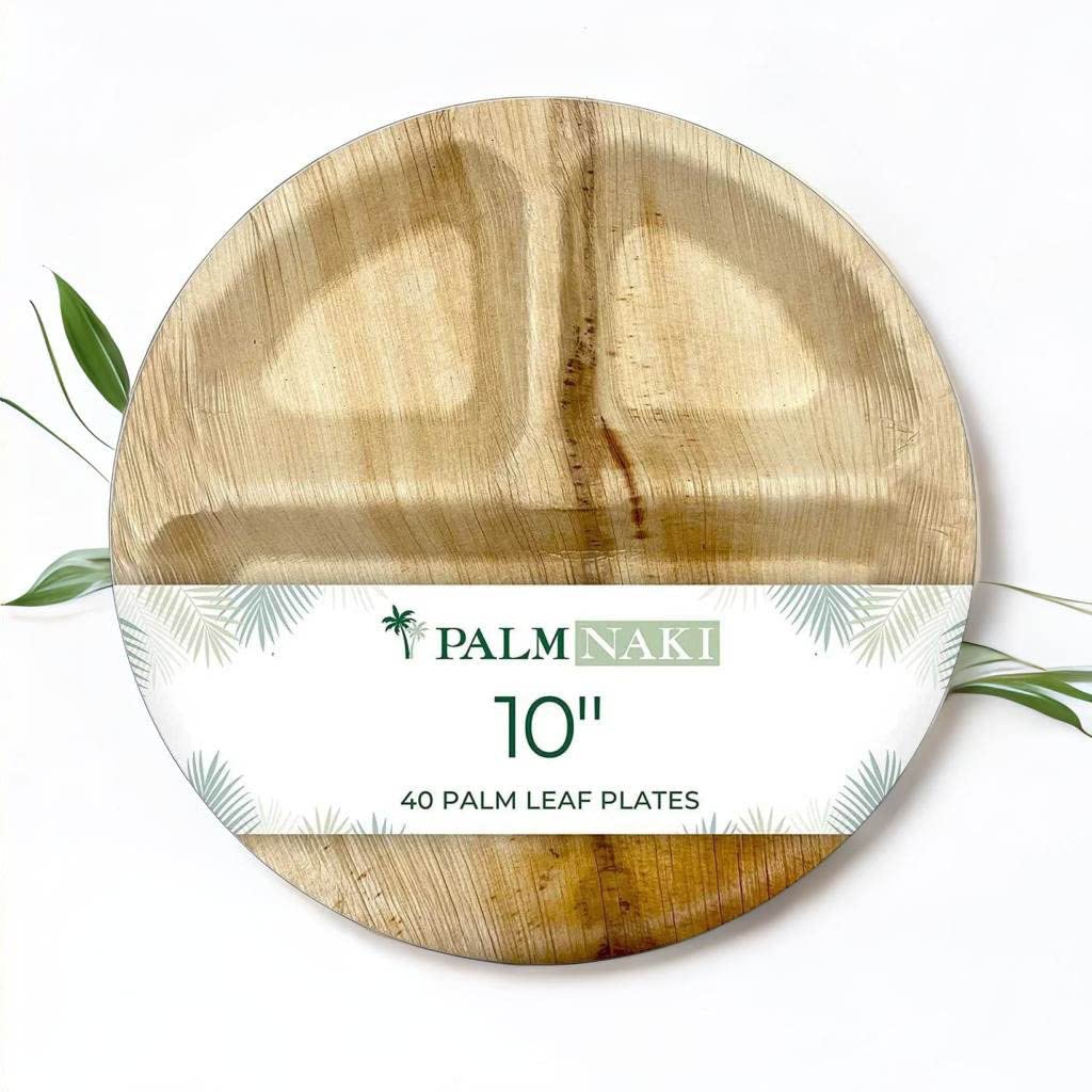 PALM NAKI Round Compartment Palm Leaf Plates (40 Count) - BPA Free Plates, Disposable Dinnerware, Compostable and Biodegradable 3 Compartment Plates, Eco Friendly Plates (10" Round Plates) - Acceptable