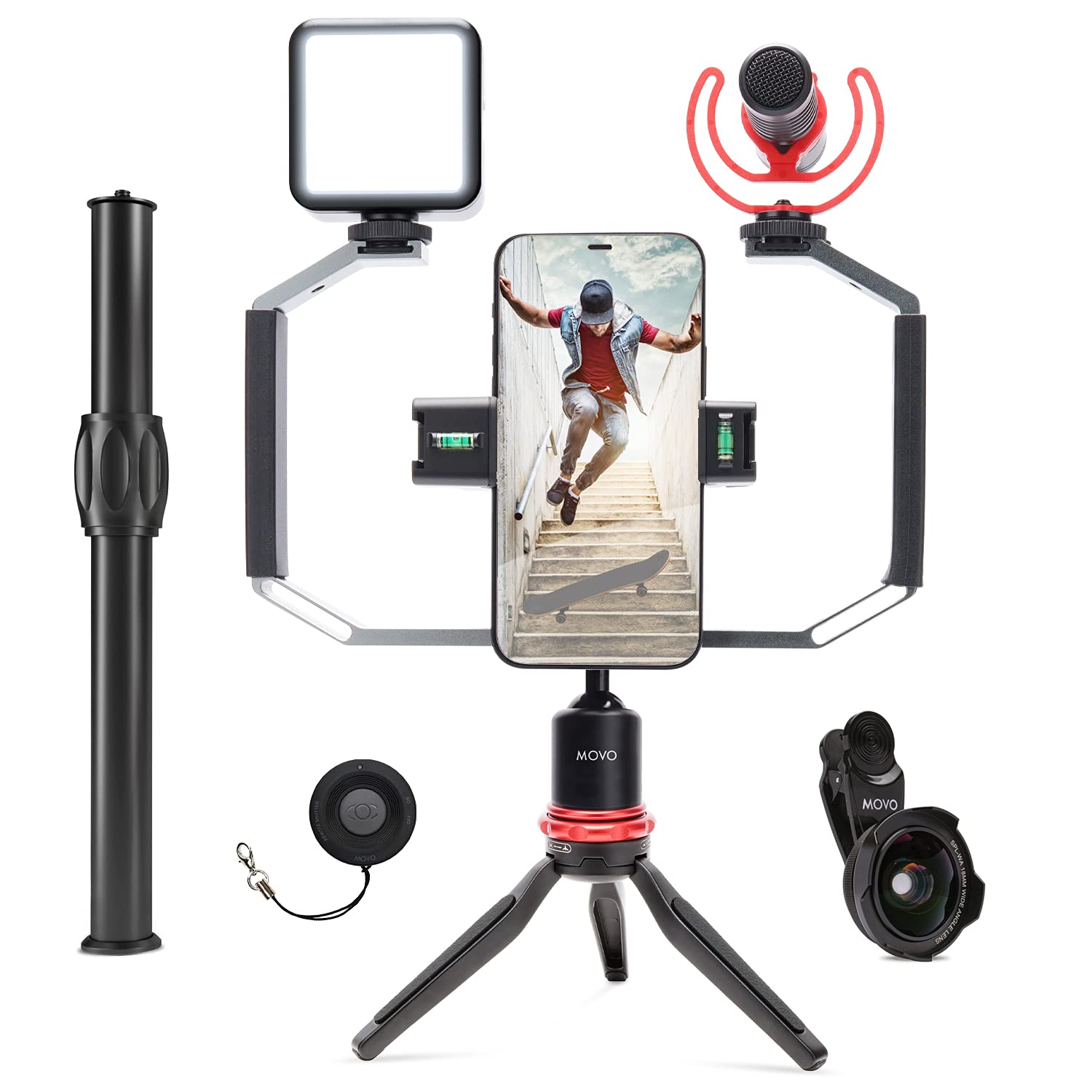 Movo iVlog3 Smartphone Video Bundle with Movo VXR10-PRO Directional Microphone, Mini Tripod, LED Camera Light, Wide-Angle Lens - Cell Phone Tripod Stand - External Microphone for iPhone and Android - Very Good