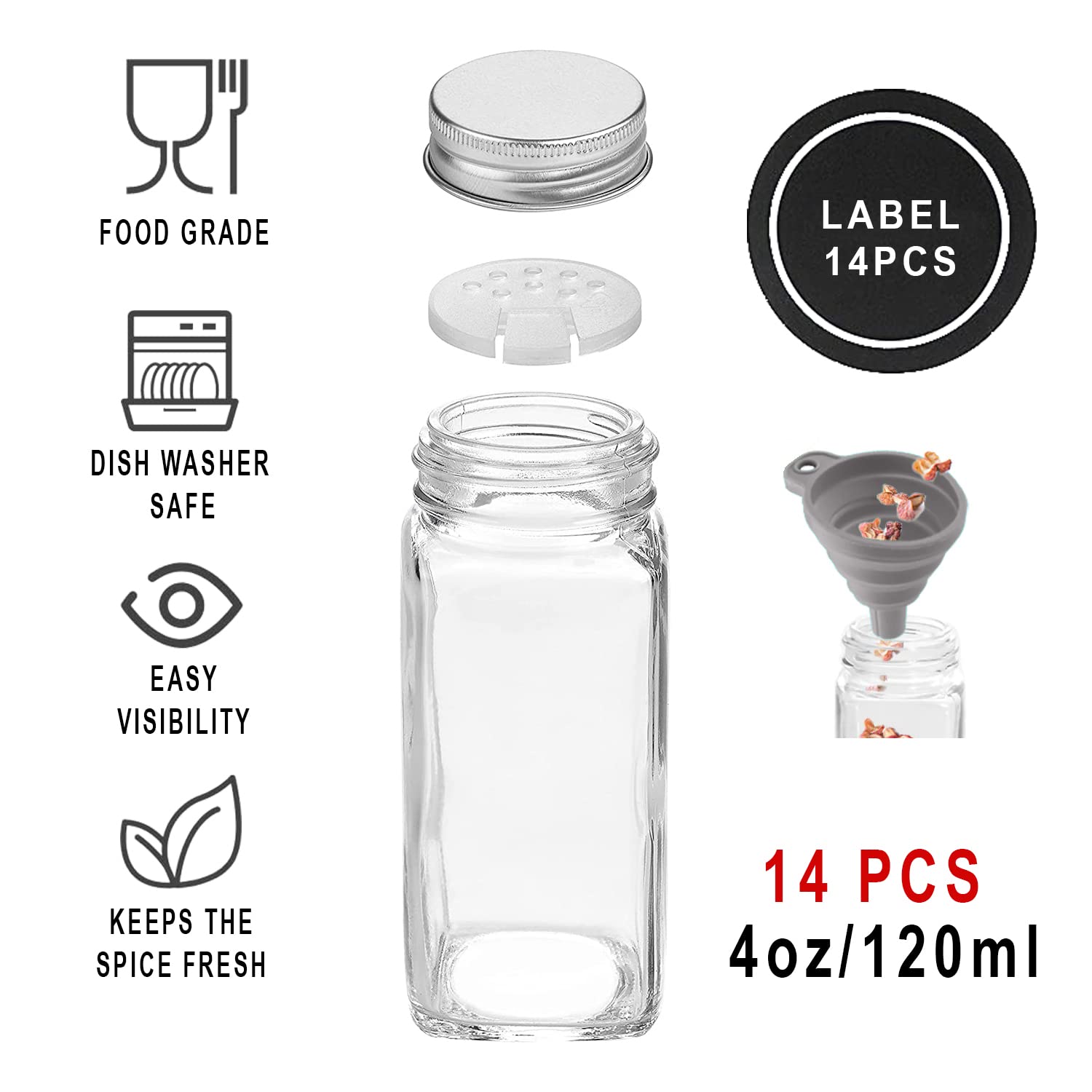 Spice Jars Glass Empty 4 oz - Spice Bottles Empty Glass with Labels Container Shaker Lids, Airtight Metal Caps and Chalkboard/Clear PVC Seasoning Labels, Chalk Marker & Collapsible Funnel - Like New