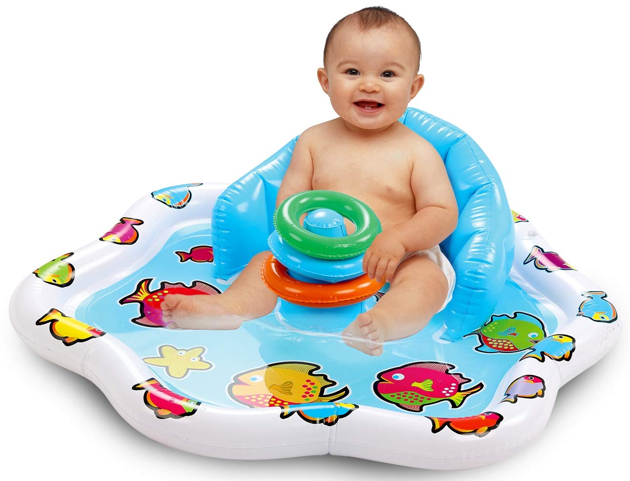 Bundaloo Infant Pool Splash Mat Inflatable with Backrest & Stackable Ring Toys | Summer Fun Activity for Baby Toddlers | Easy Setup - Like New