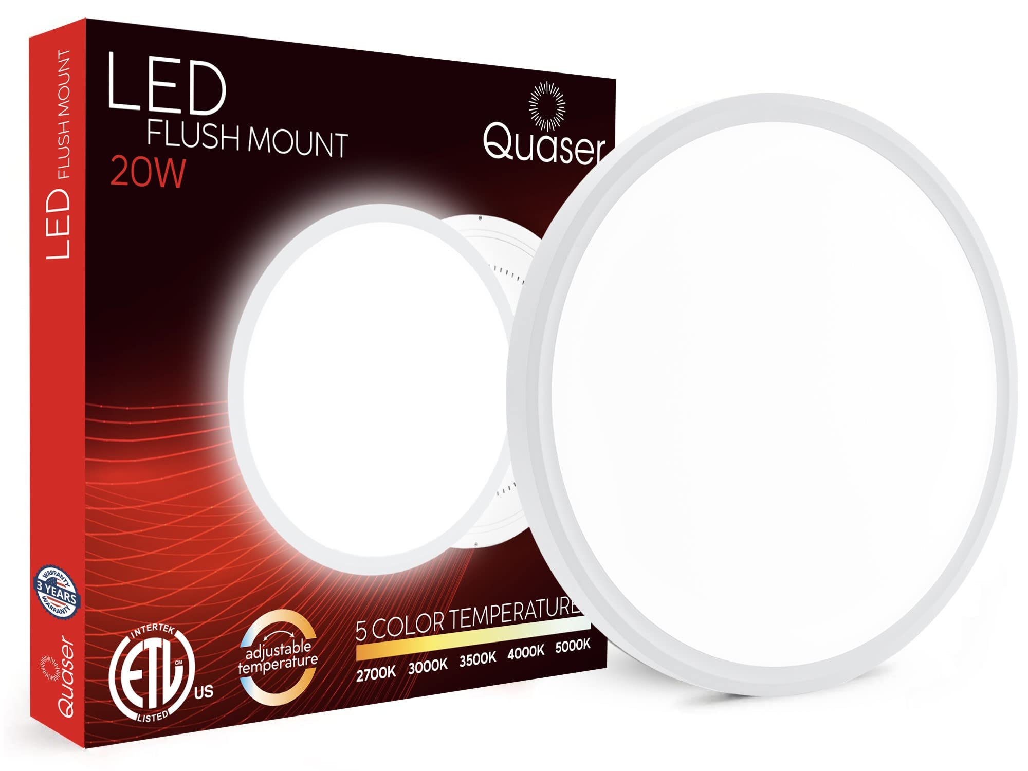 Quaser LED Flush Mount Ceiling Light Fixture,12inch with 5 Different Color Temperatures Low-Profile Round LED Ceiling Light 2000 Lumen 120 Volt, Light Fixture for Hallway, Bedroom, Bathroom-White - Like New