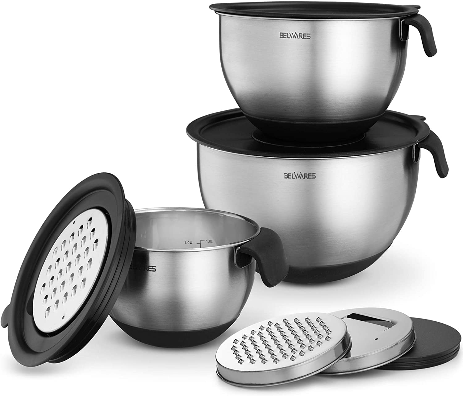 Belwares Mixing Bowls with Lids Set - Nesting Bowls with Graters, Handle, Pour Spout, Airtight Lids - Stainless Steel Non-Slip Mixing Bowl for Cooking, Baking, Prepping, Food Storage - Like New