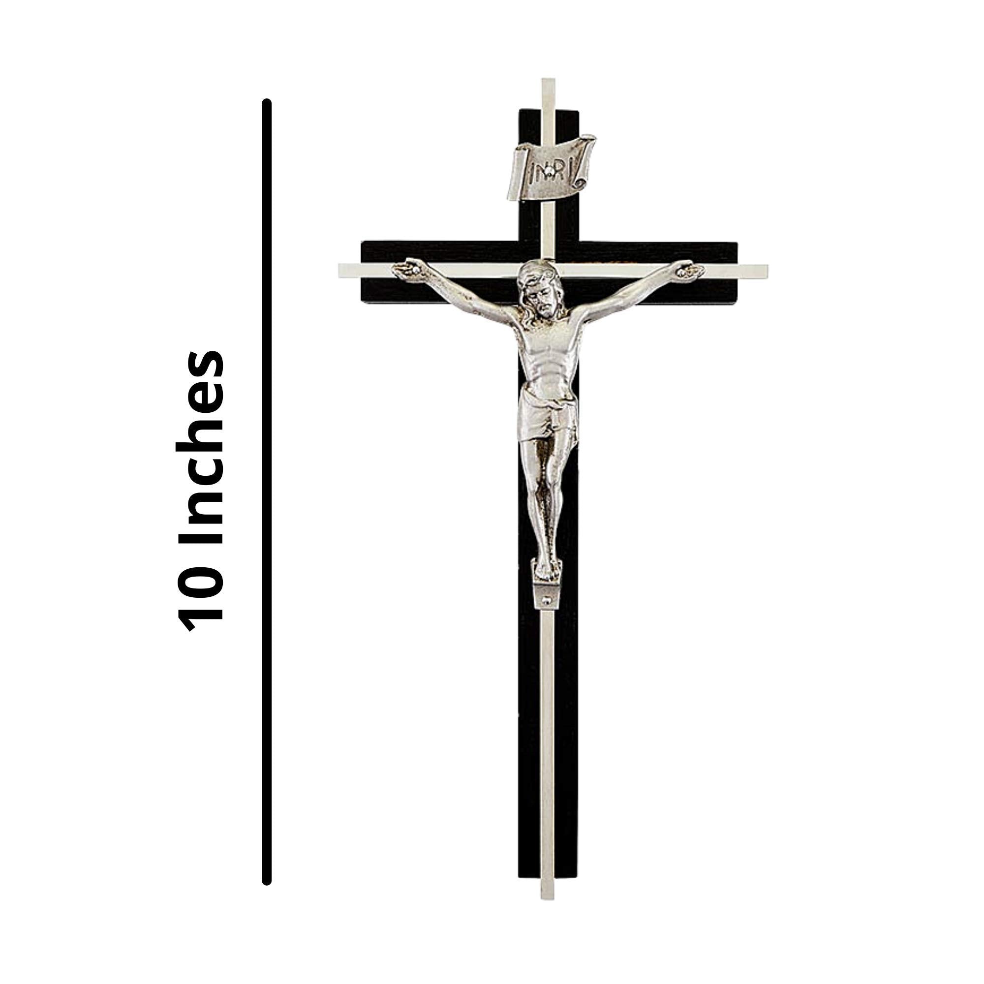 Black Wooden Wall Crucifix with Silver Toned Inlay Cross, 10 Inch - Very Good