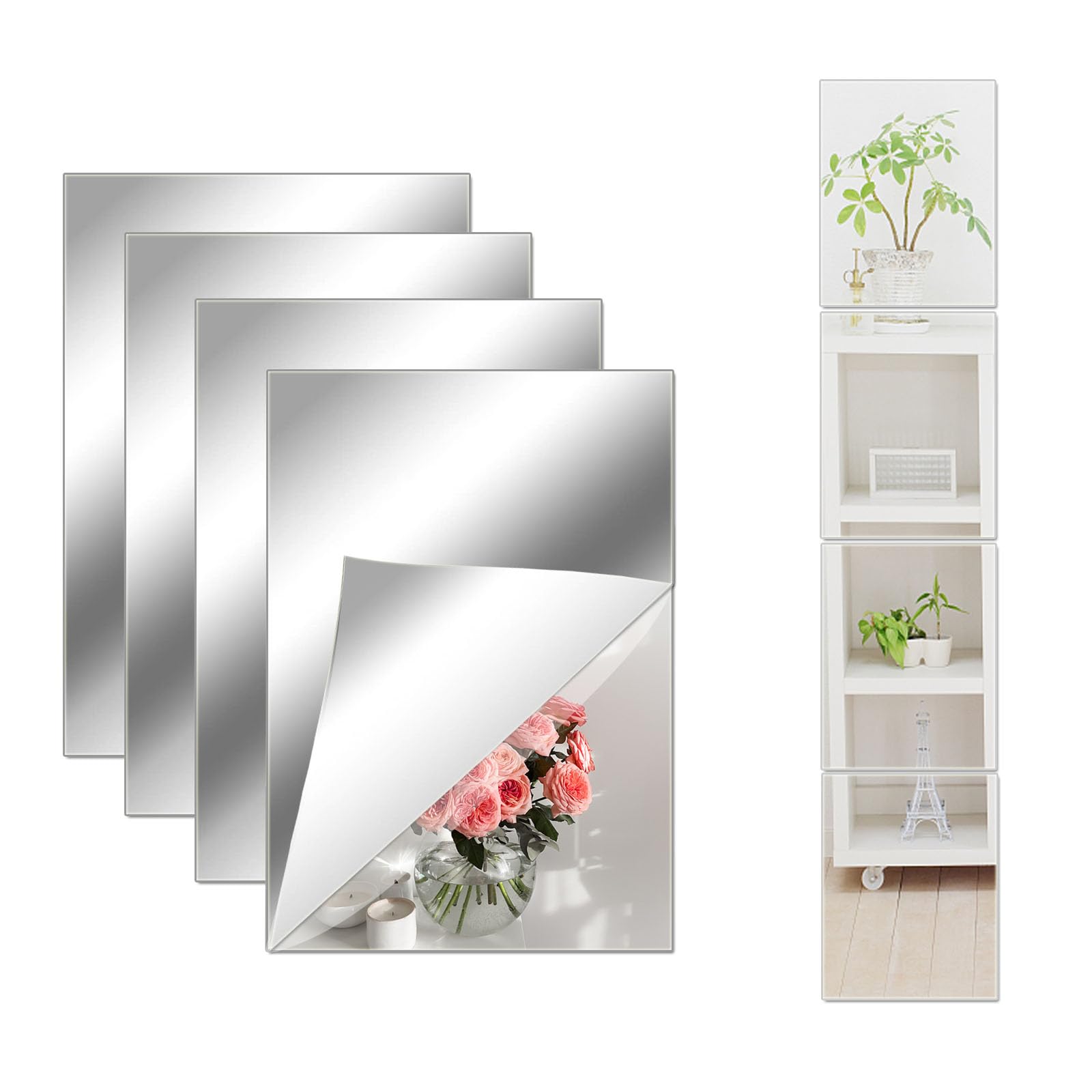 LYCRAFTS 4PCS Self Adhesive Acrylic Mirror Tiles Waterproof Flexible Mirror Wall Stickers Sheets Non Glass Body Mirror for Bathroom Bedroom Living Room Gym Wall Decor (8x6 Inches) - Like New