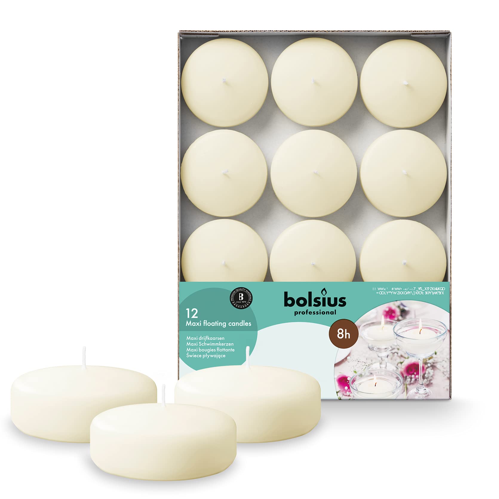 BOLSIUS Unscented Floating Candles - Pure Rich Creamy 3" Ivory, European Quality - Like New