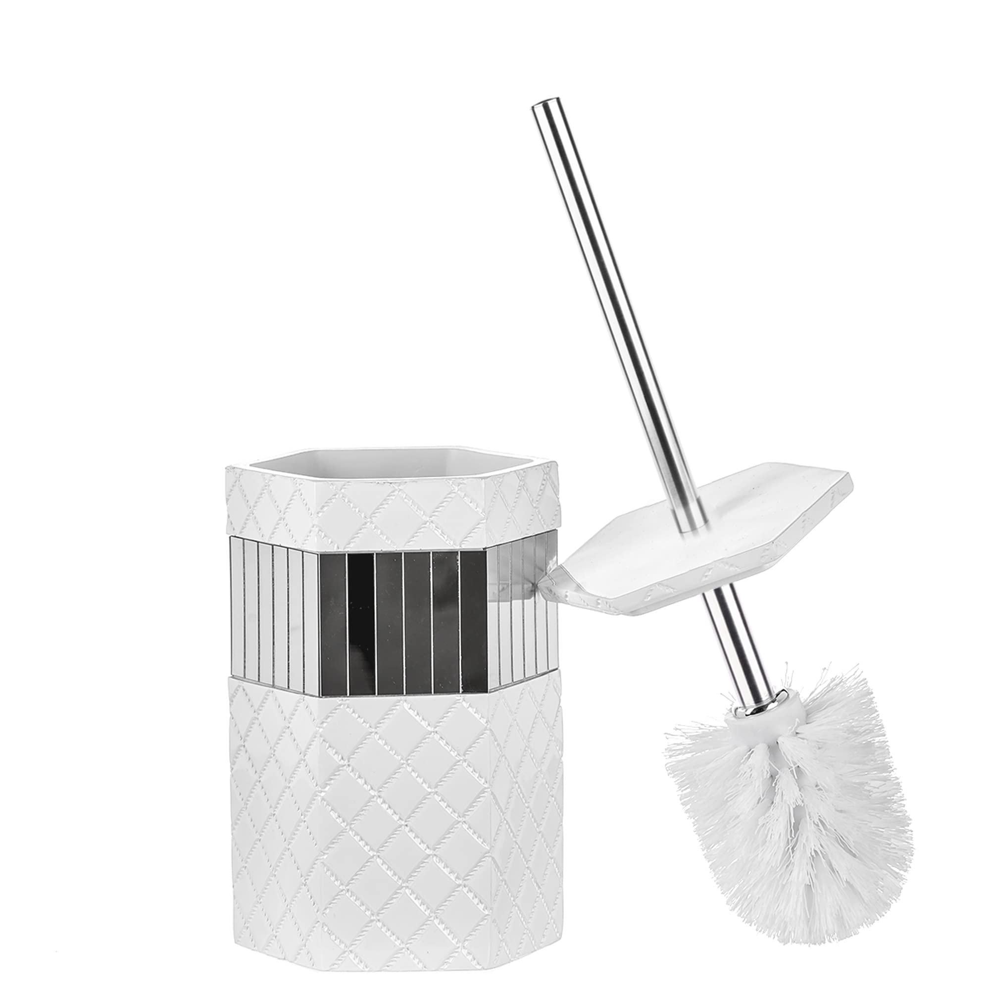 Creative Scents Bathroom Toilet Brush Set - White Toilet Bowl Brush and Holder - Good Grip Toilet Bowl Cleaner Brush and Holder - Decorative Compact Toilet Bowl Scrubber (Quilted Mirror Collection) - Like New