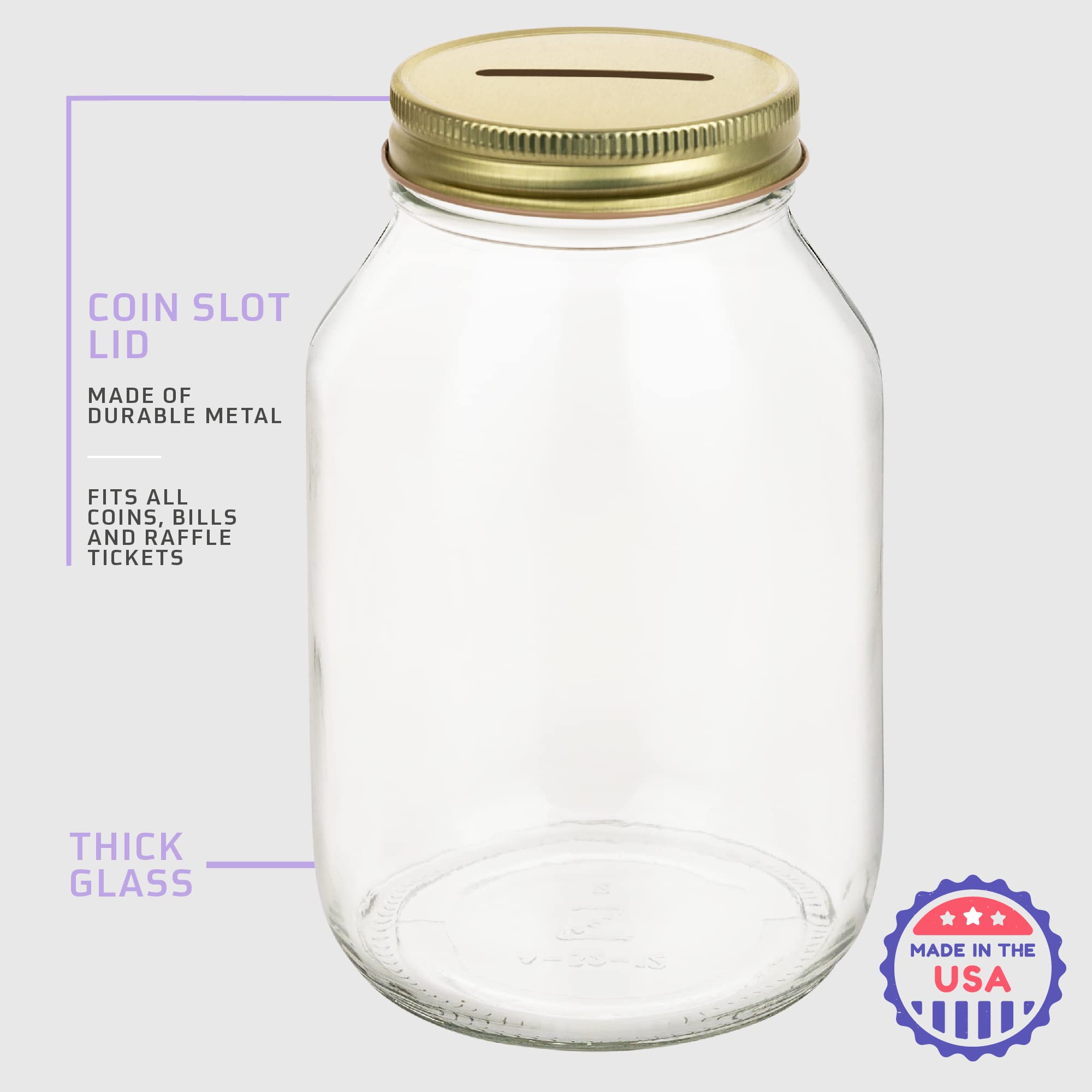 Large Coin Bank Jar Tip Jar with Slotted Gold Lid Holds Over $700 in Coins- Used for Piggy Bank and Raffle Ticket Drawing - Glass Money Jar Made in USA - Like New