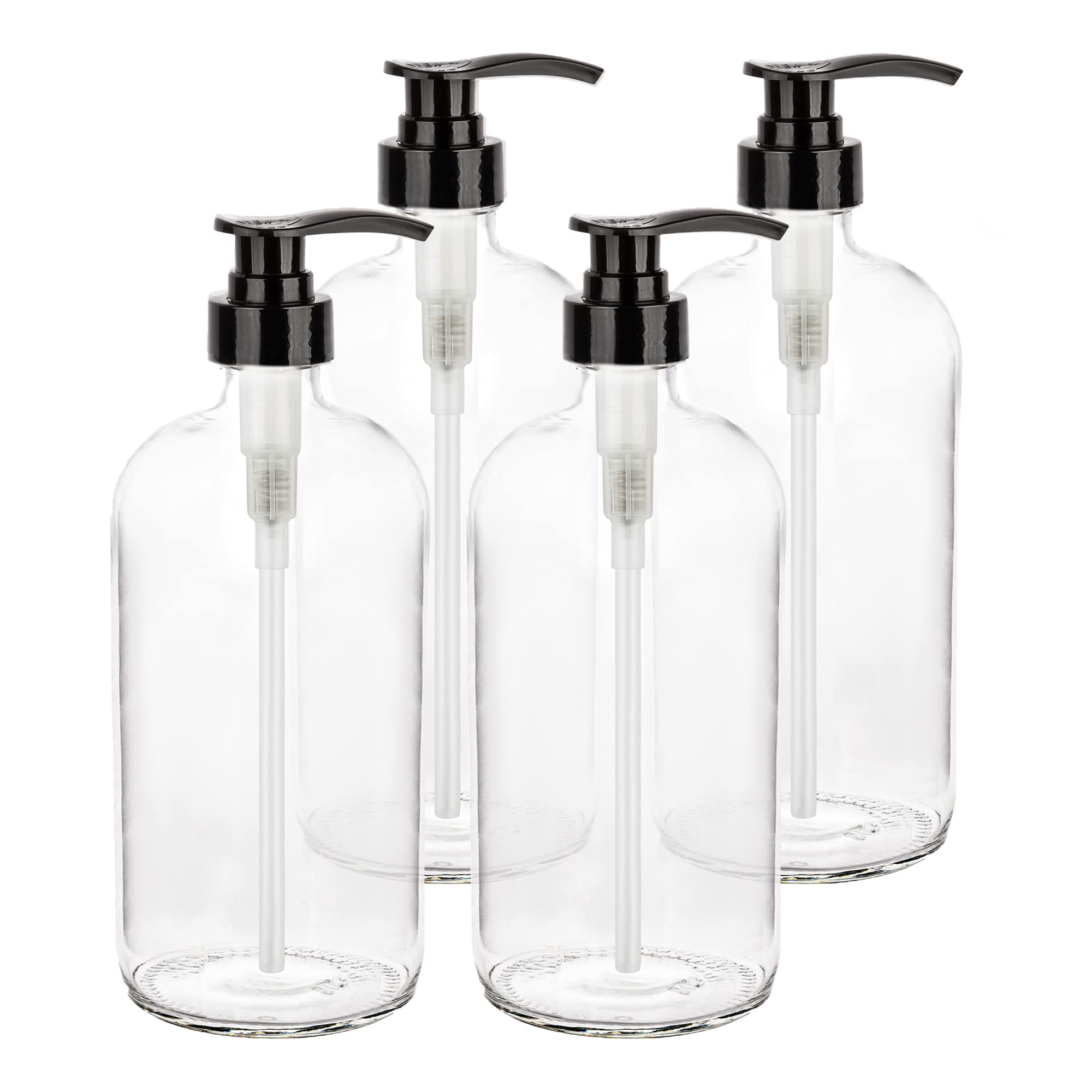 kitchentoolz 32-Ounce Large Clear Glass Boston Round Bottles w/Black Pumps. Great for Lotions, Soaps, Oils, Sauces - Food Safe and Medical Grade - Like New
