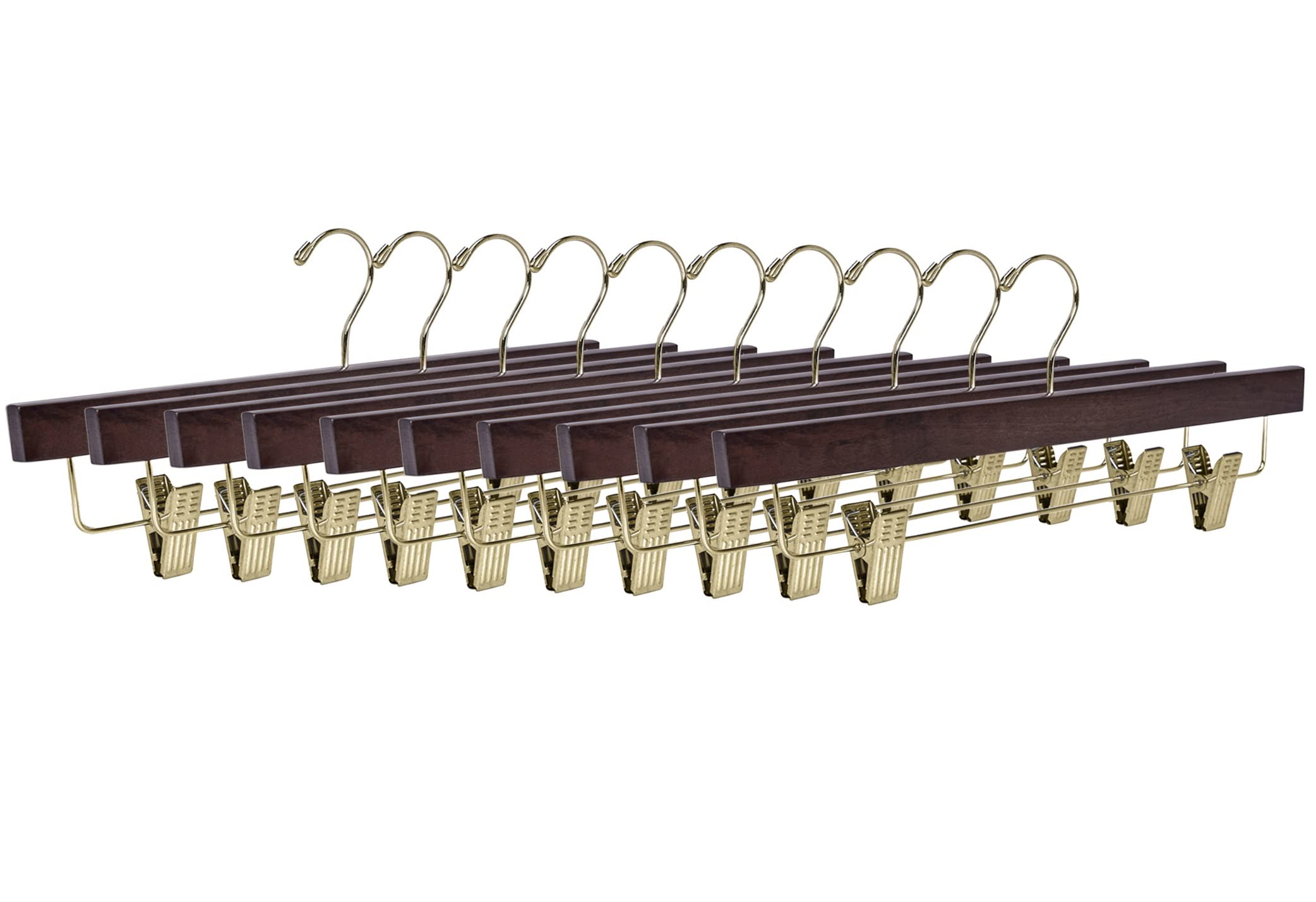 Quality Wooden Pants Hangers Skirt Hanger Jeans Hanger Bottom Hanger, Swivel Hook, Adjustable Clips (Walnut - Gold Hook, 10) - Very Good