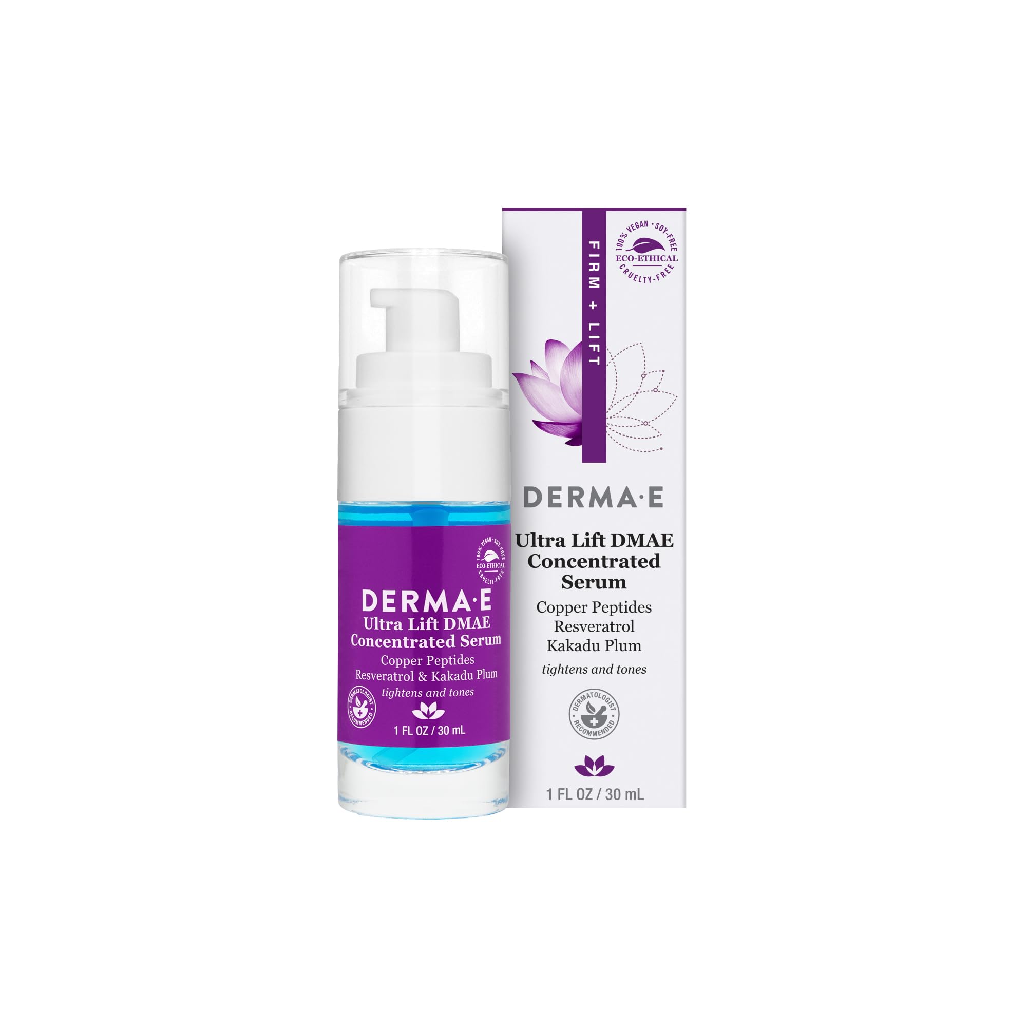 DERMA E Ultra Lift DMAE Concentrated Serum � All Natural Skin Firming Serum � Hydrating Serum with Copper Peptides and Resveratrol � Concentrated Facial Skin Care Serum, 1oz