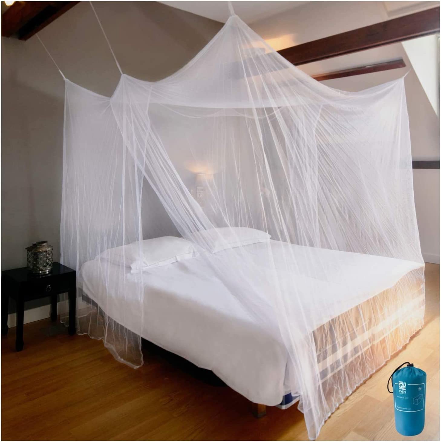EVEN NATURALS Luxury Mosquito Net for Double to King Size Bed Canopy | Camping Screen House | Finest Mesh – 300 Holes per Square Inch, 2 Entries, Easy to Install, Hanging Kit, Storage Bag - Like New