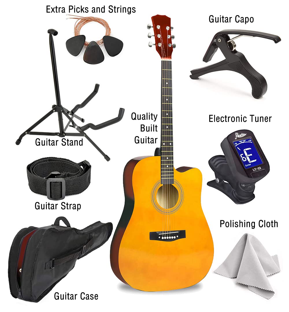 Master-play Beginner Full Size 41� Wood Cutaway All String Acoustic Guitar, With Bonus Accessories Kit; Case, Strap, Capo, Extra Strings, Picks, Tuner, Wash Cloth, Stand (Wood) - Very Good