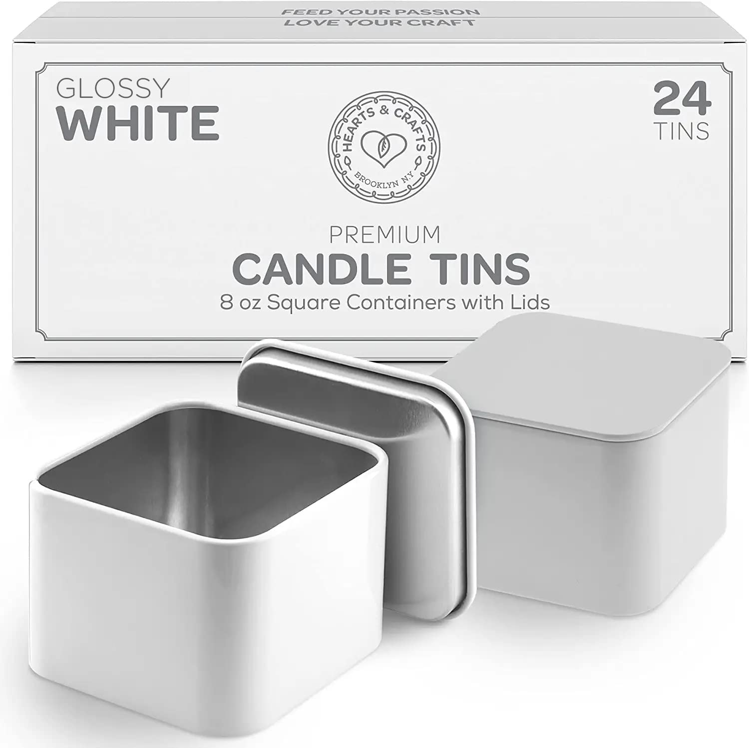 Hearts & Crafts White Square Candle Tins 8 oz with Lids - 24-Pack of Bulk Candle Jars for Making Candles, Arts & Crafts, Storage, Gifts, and More - Empty Candle Jars with Lids - Like New