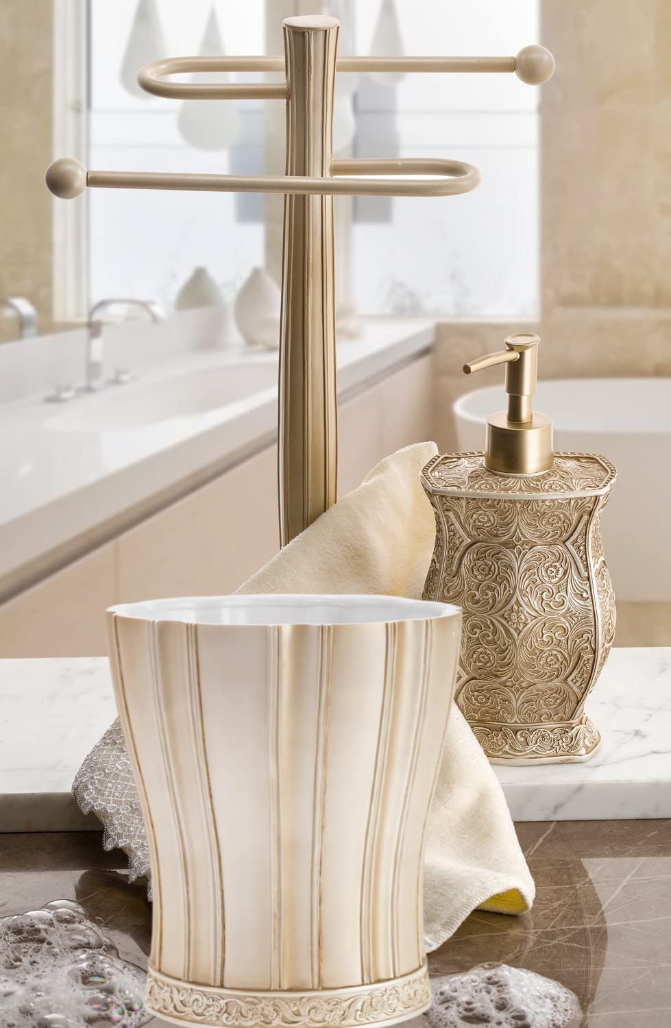 Creative Scents Bathroom Trash Can - Decorative Bathroom Wastebasket - Durable Beige Waste Bin - Space Friendly Waste Basket for Bathroom, Bedroom, Powder Room Or Living Room Decor (Victoria) - Like New