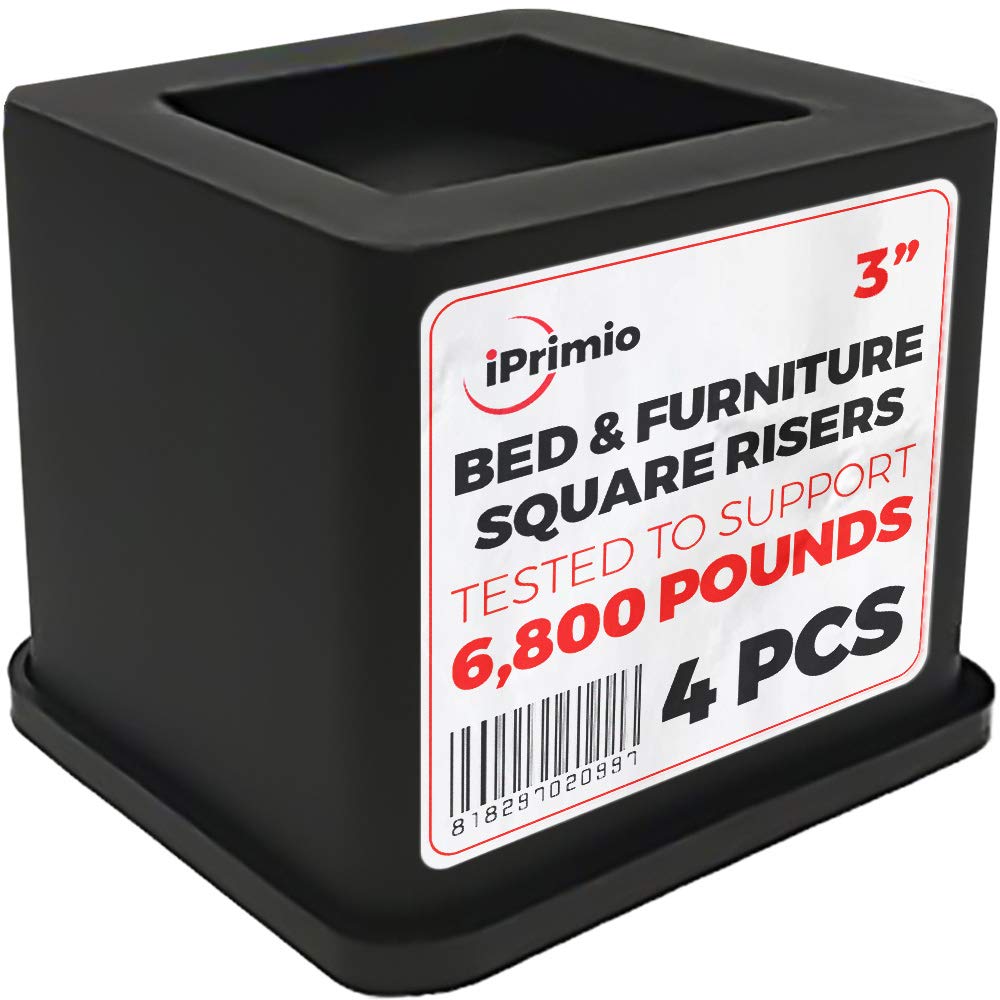 iPrimio Bed Risers Heavy Duty - Square, 3" Lift, 4pk, Up to 6800lbs - Bed Raising Blocks, Furniture Risers, Dorm Bed Lift Risers - Safe, Sturdy Bed Lifts for Dorm Rooms, Couches, Tables, Desk Riser - Acceptable