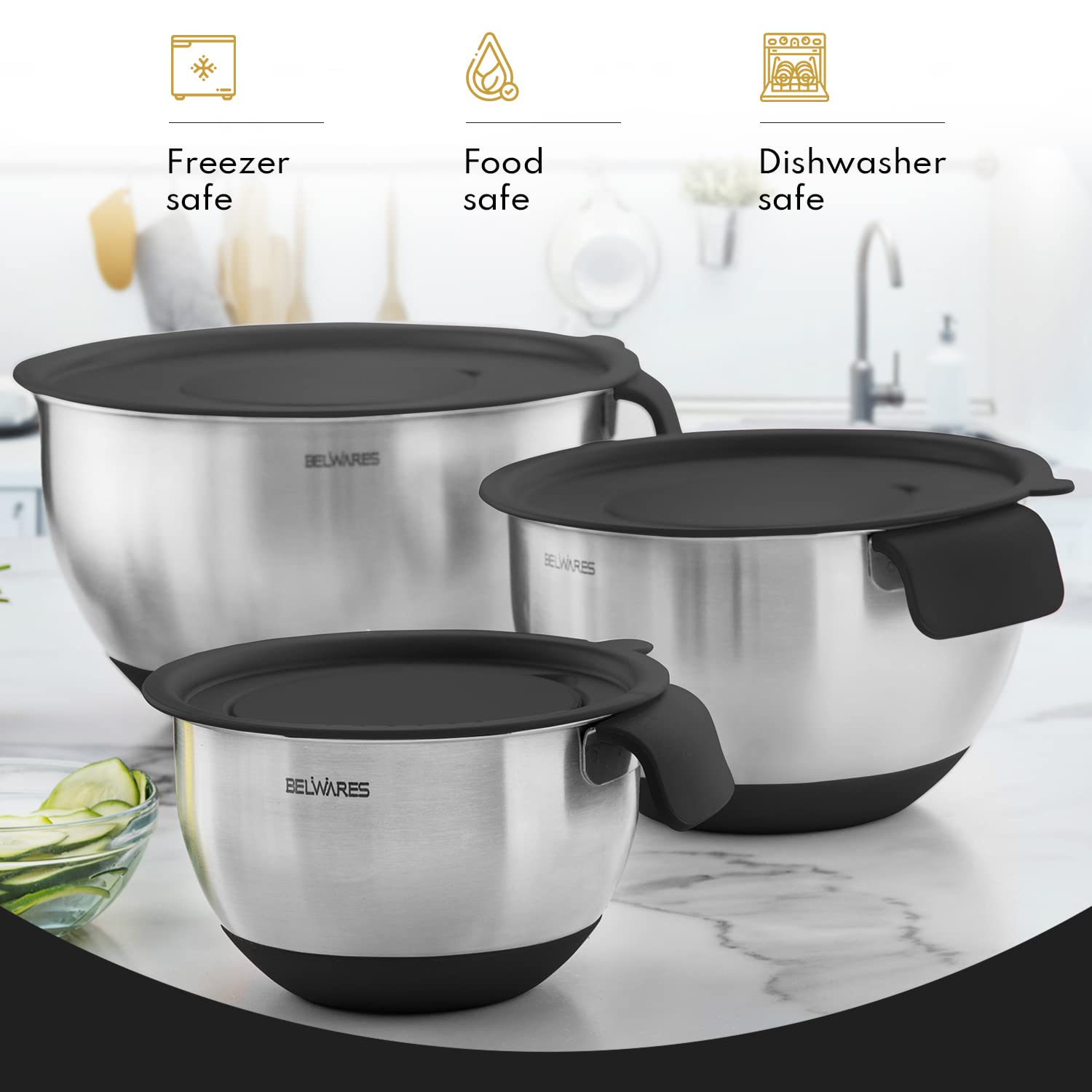 Belwares Mixing Bowls with Lids Set - Nesting Bowls with Graters, Handle, Pour Spout, Airtight Lids - Stainless Steel Non-Slip Mixing Bowl for Cooking, Baking, Prepping, Food Storage - Good