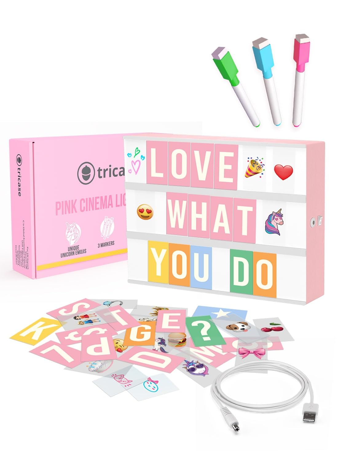 Pink LED Cinema Light Box - 312 Letters, Emojis & 3 Markers - Light Up Letter Board for Home Decor - Gift for Women & Girls - Acceptable