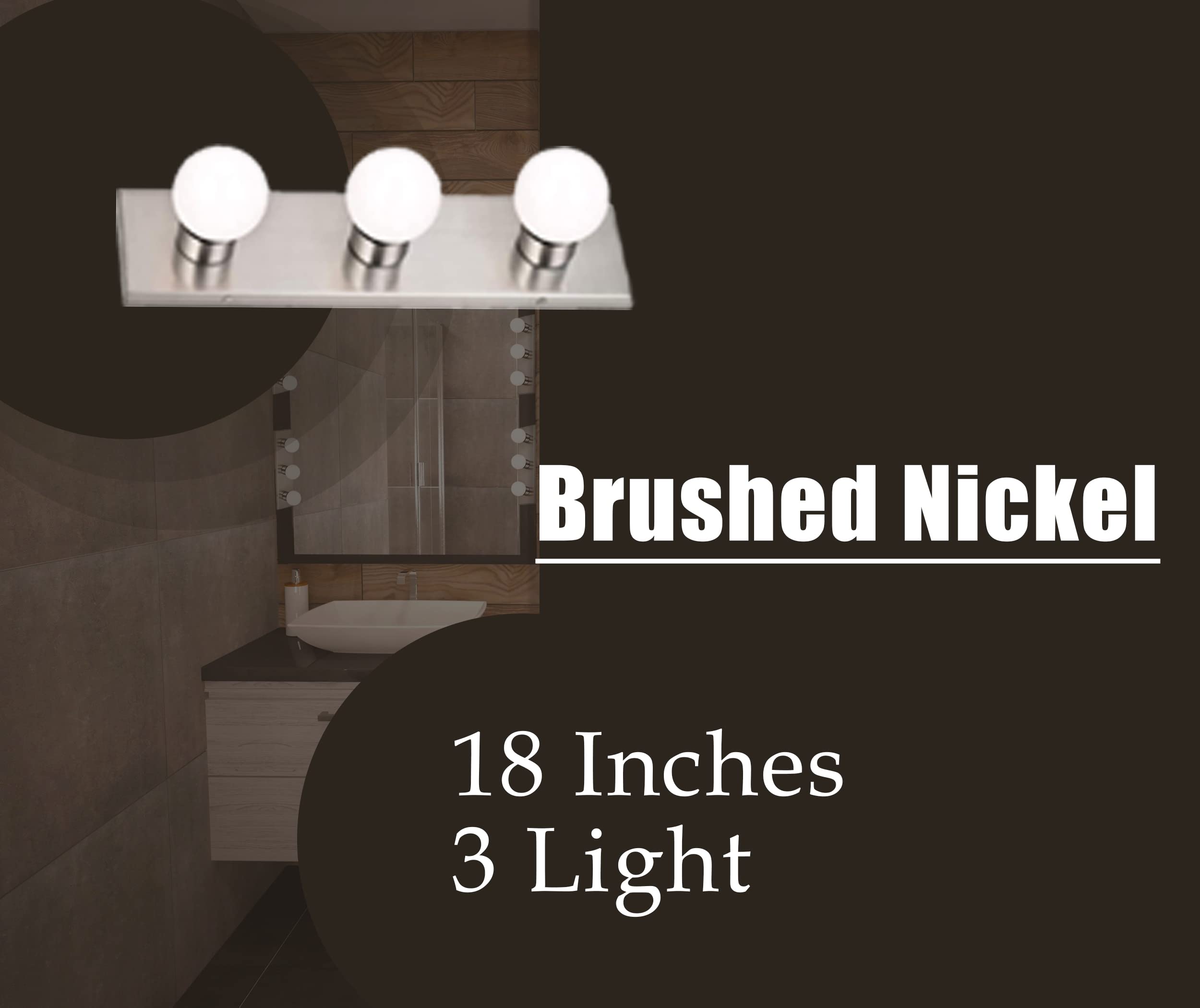 DYSMIO Lighting Three Light Vanity Strip - Hollywood Style Mirror Fixture with Brushed Nickel Plates � Salon-Grade Accessories for Bedroom, Bathroom, Dressing Room, Makeup Studio - 18 x 4.25 Inches - Very Good