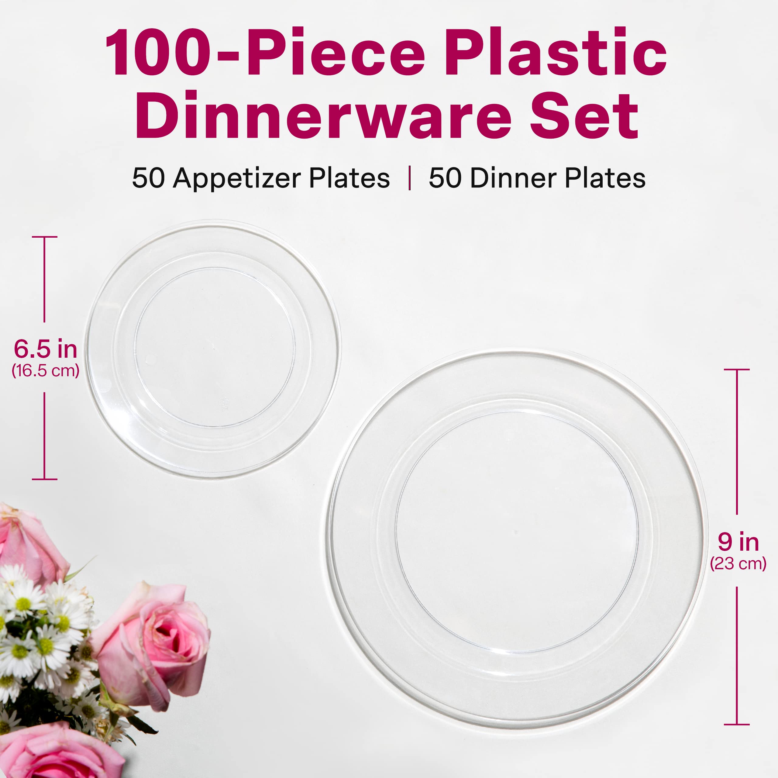 Aya's 100 Clear Plastic Plates Disposable, Heavy-Duty Plastic Plates - 50 Plastic Dinner Plates 9" + 50 Salad, Dessert, Appetizer Plates 6.25" for Weddings - Clear Plates for Christmas Holiday Party - Acceptable
