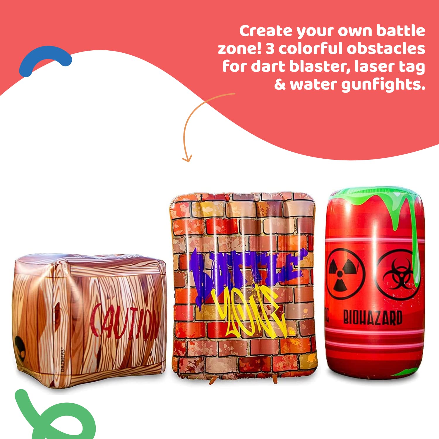 Inflatable Battle Obstacles Set - Inflatable Bunker Fort - 3 Inflatable Barriers - Barrel, Container Box and Wall - Laser Tag, Paintball, Dart Blaster, Water and Airsoft Guns - Like New