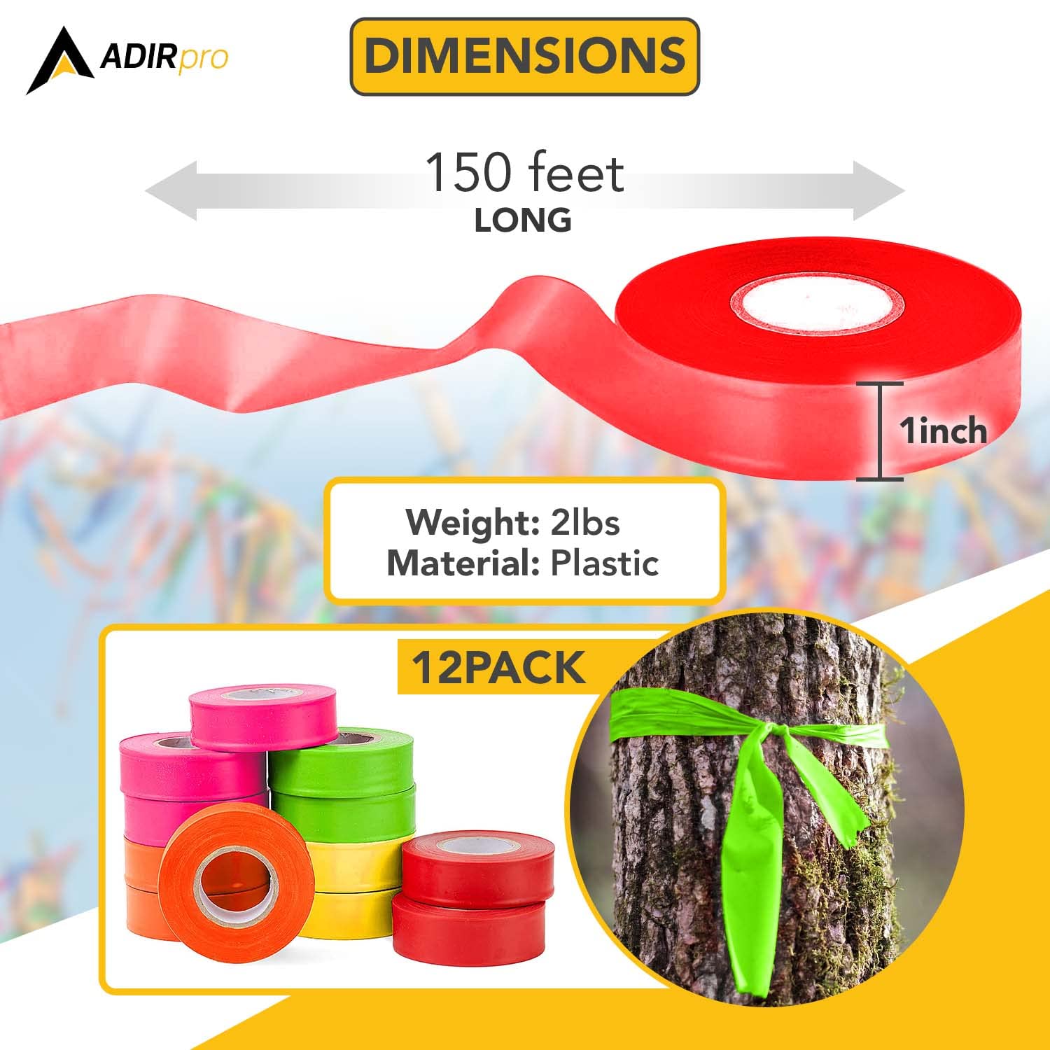 AdirPro 12 Pack Fluorescent Flagging Tape - Multipurpose Neon Marking Tape - Great Visual Labeling & Tagging for Home & Workplace Use - Like New