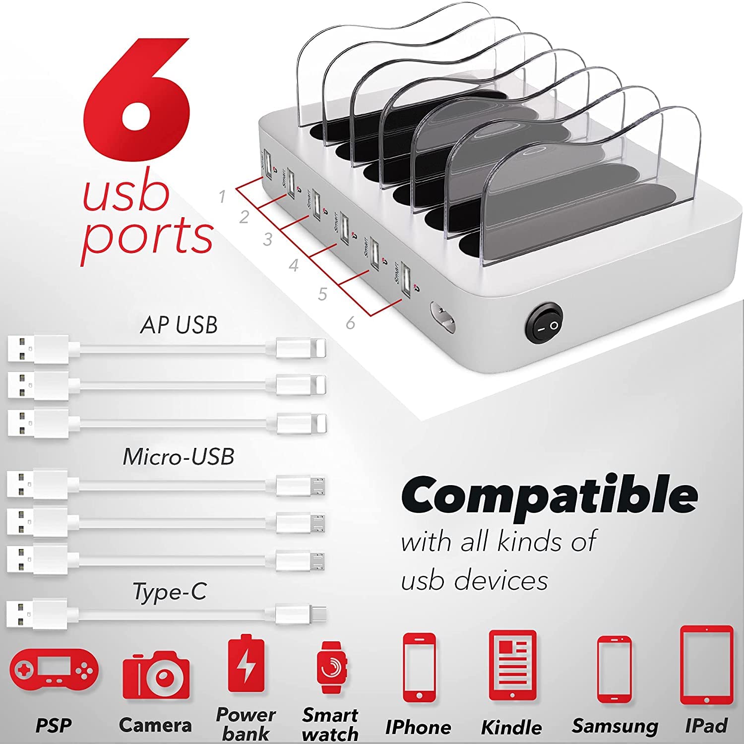 Poweroni USB Charging Dock - 6-Port - Fast Charging Station for Multiple Devices Apple - Multi Phone Charger Station - Charging Station - for Apple iPad iPhone and Android Cell Phone and Tablet - Acceptable
